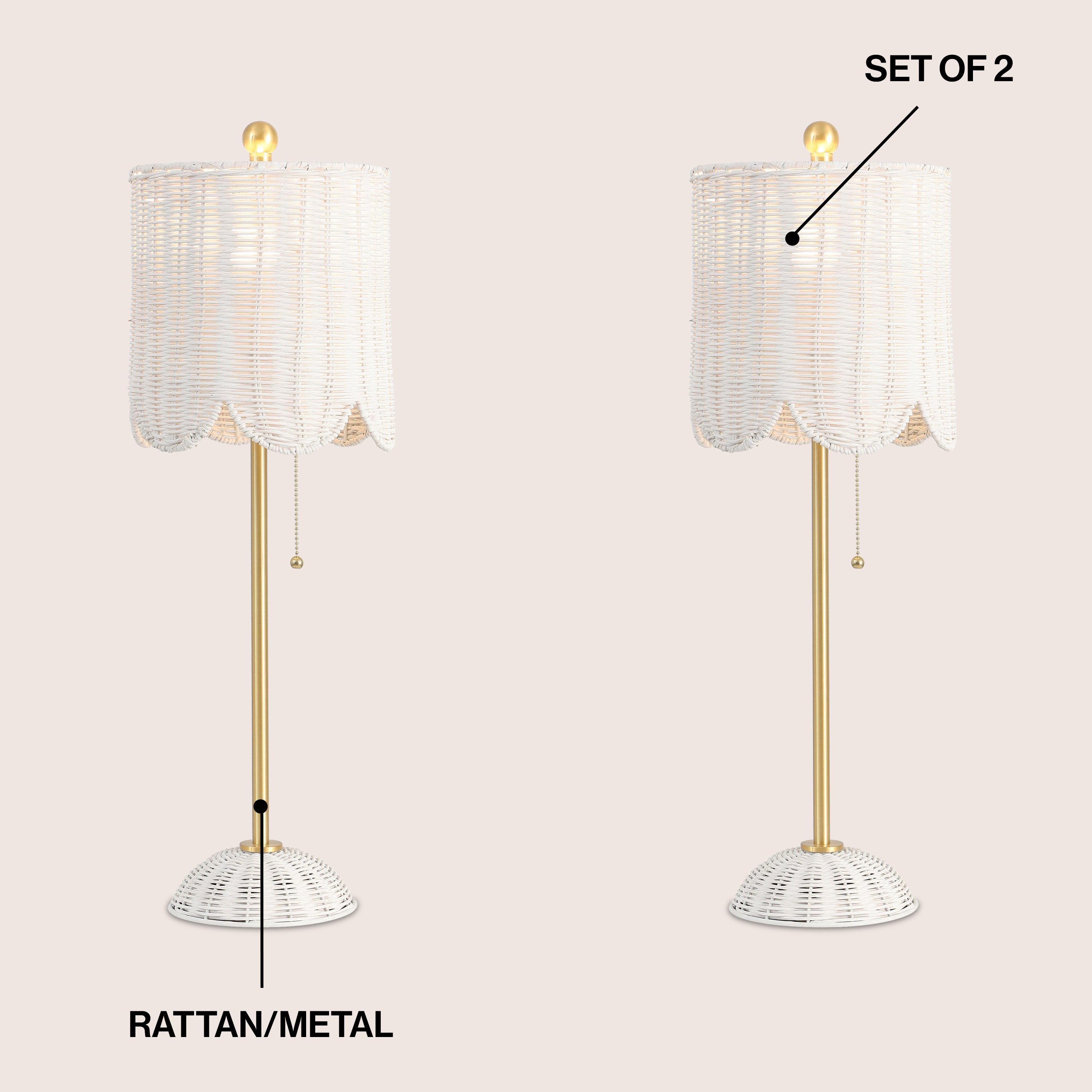Celerie Coastal Bohemian Rattan/Iron Scalloped Buffet LED Table Lamp with Pull Chain, Set of 2