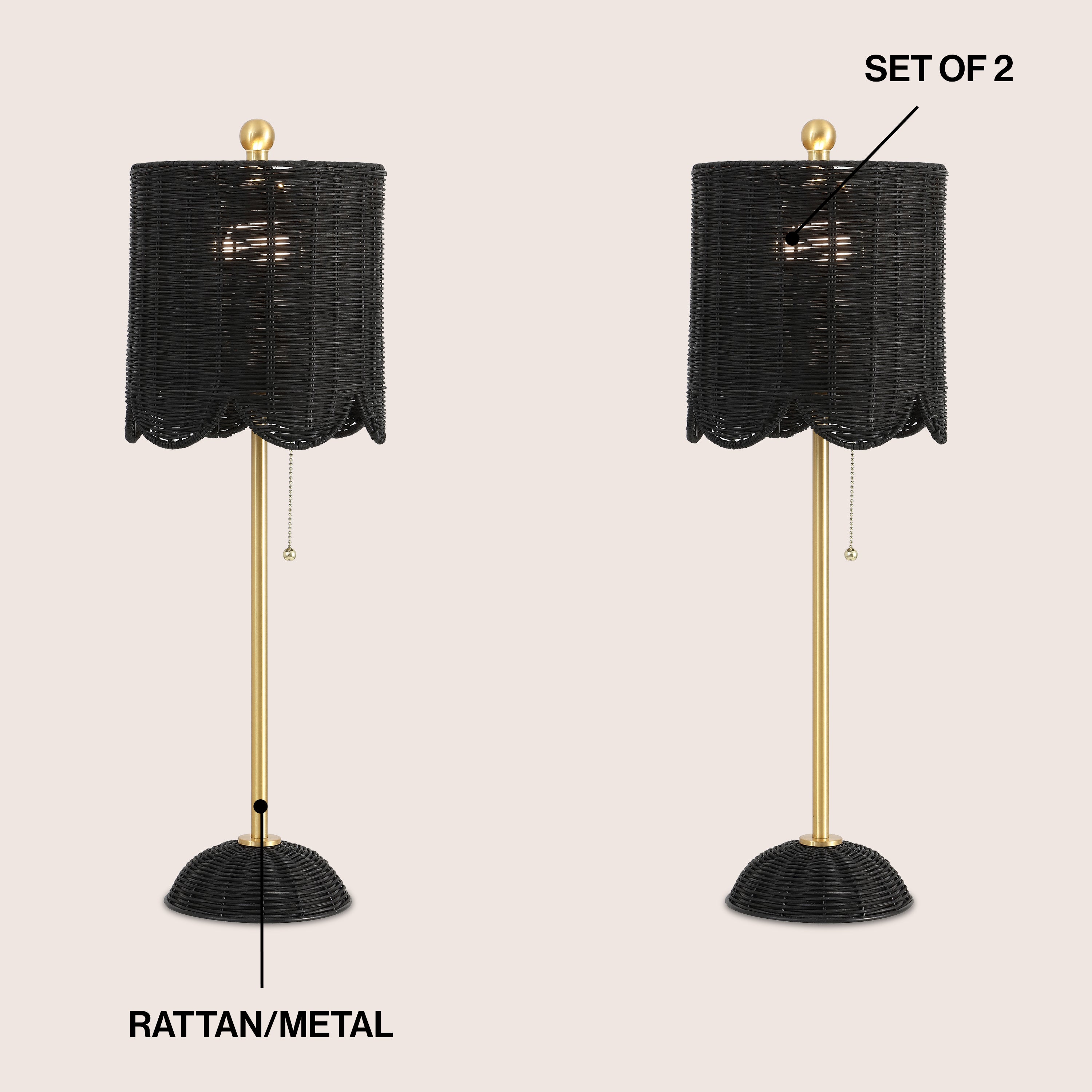 Celerie Coastal Bohemian Rattan/Iron Scalloped Buffet LED Table Lamp with Pull Chain, Set of 2