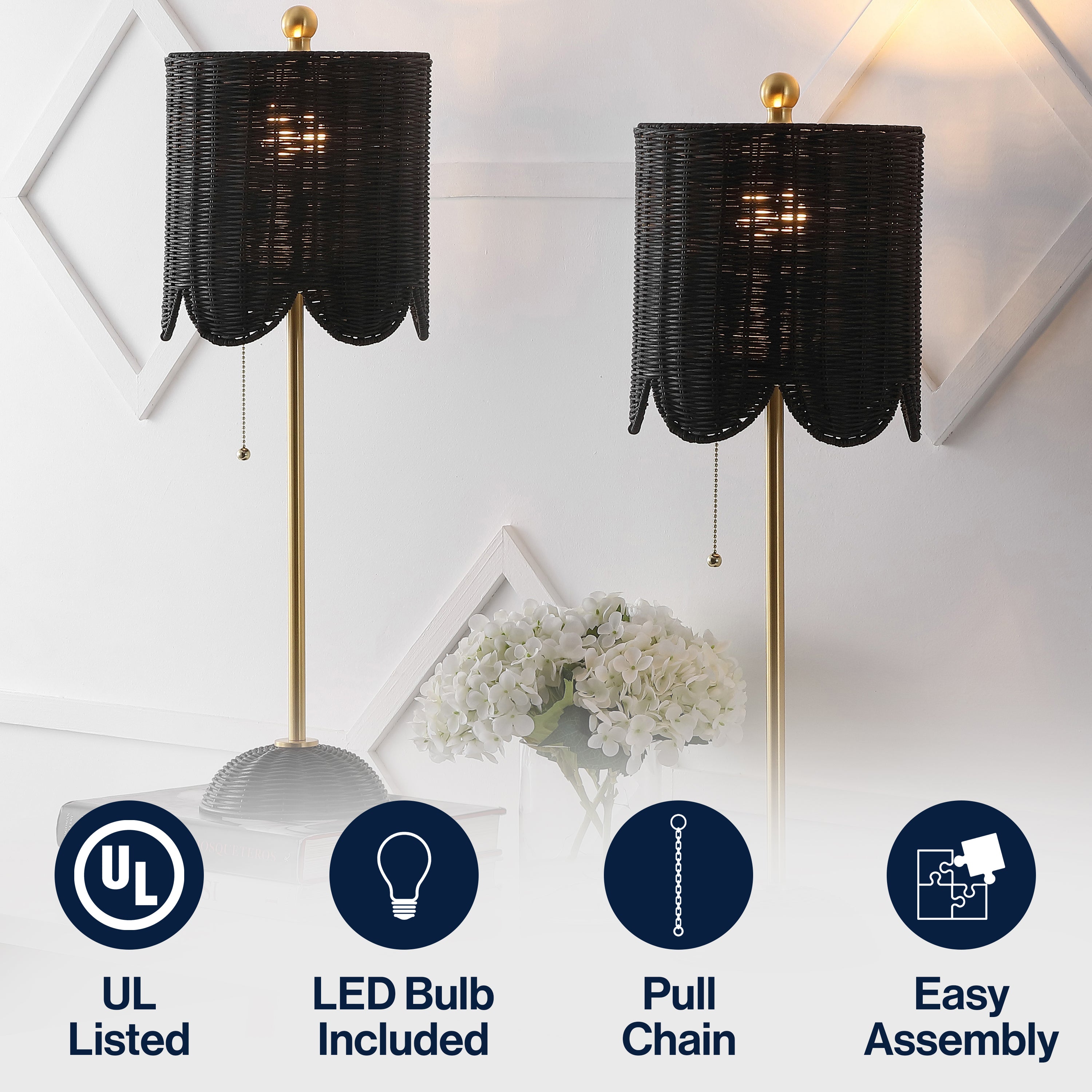 Celerie Coastal Bohemian Rattan/Iron Scalloped Buffet LED Table Lamp with Pull Chain, Set of 2