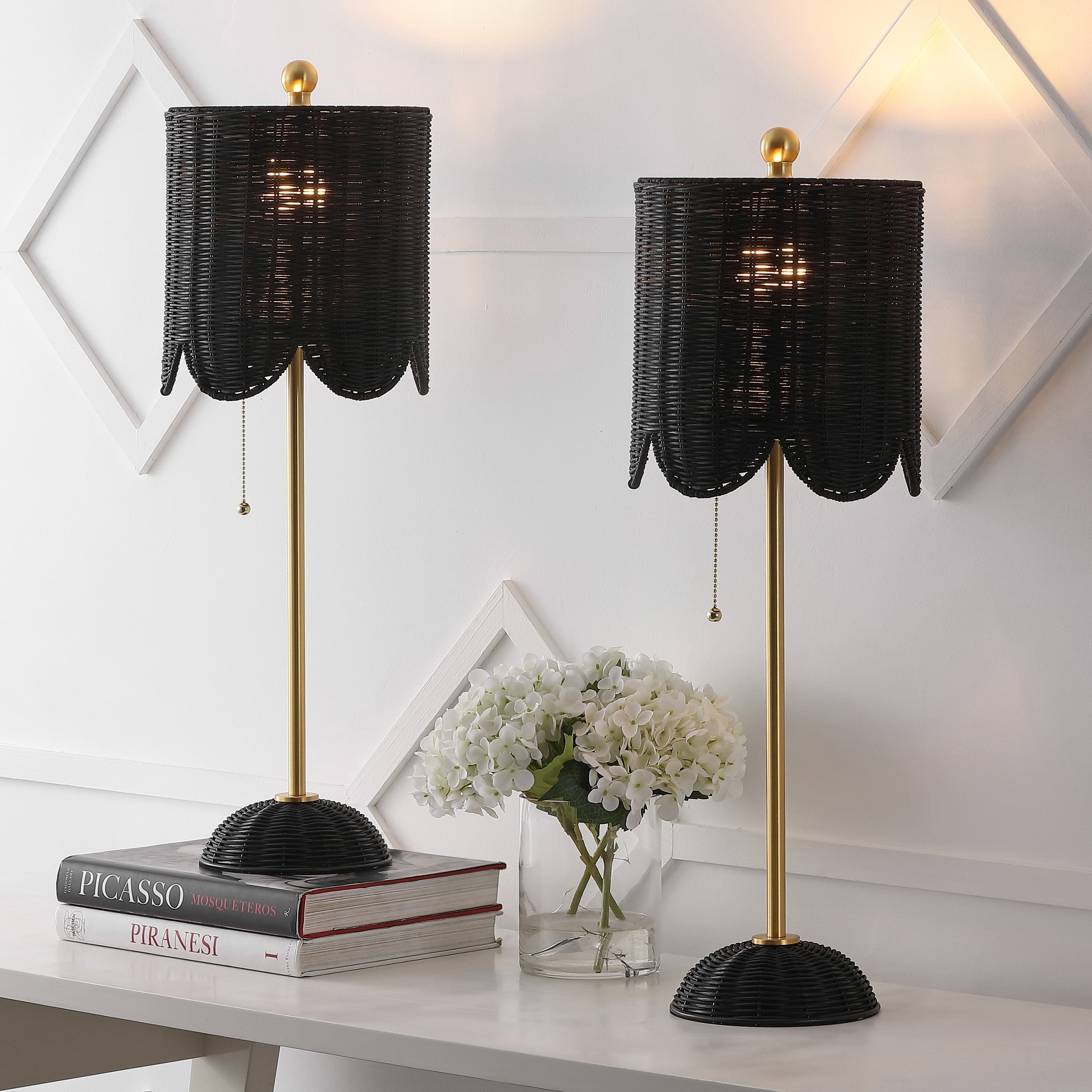 Celerie Coastal Bohemian Rattan/Iron Scalloped Buffet LED Table Lamp with Pull Chain, Set of 2