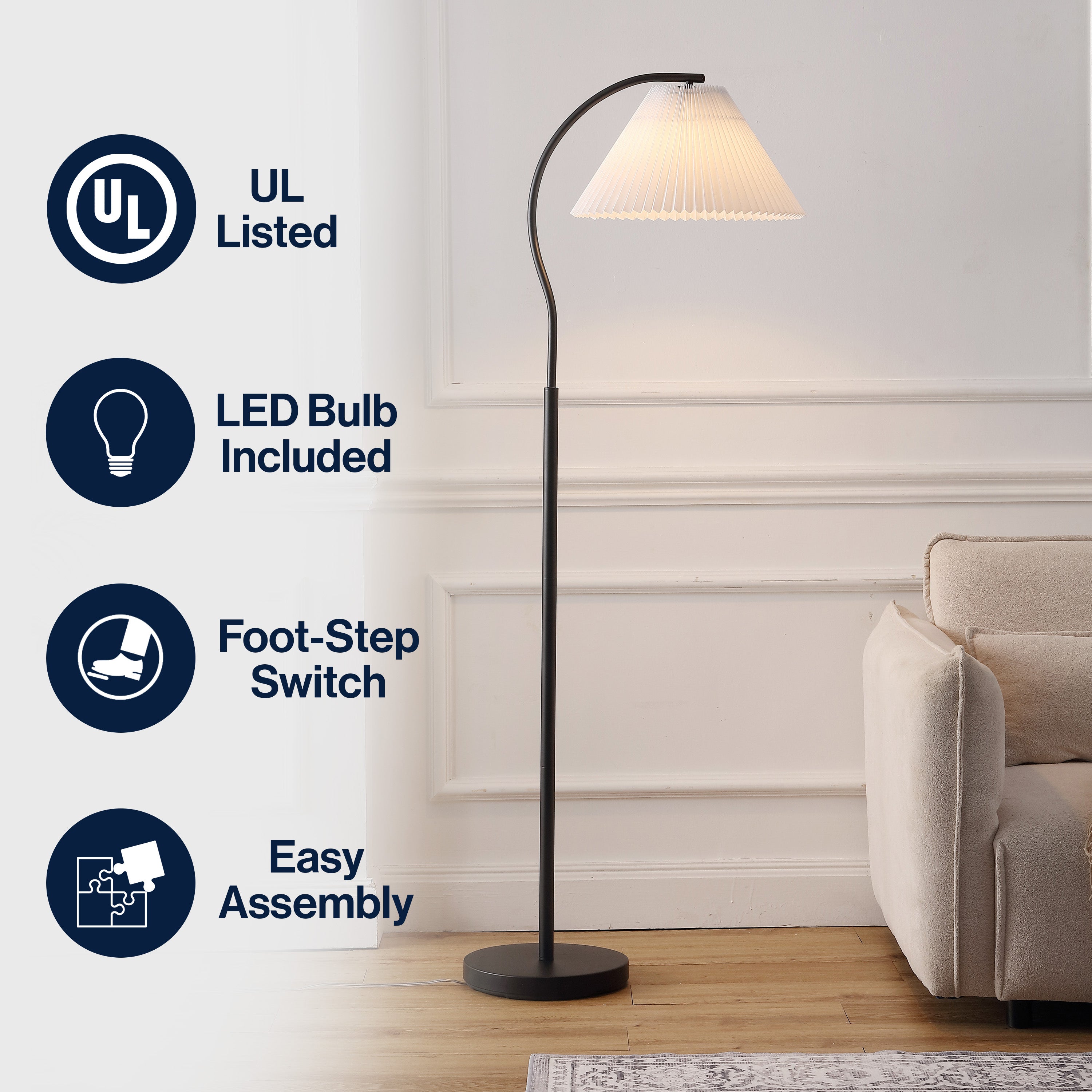 Devon Modern Glam Metal Arc LED Floor Lamp with Pleated Shade