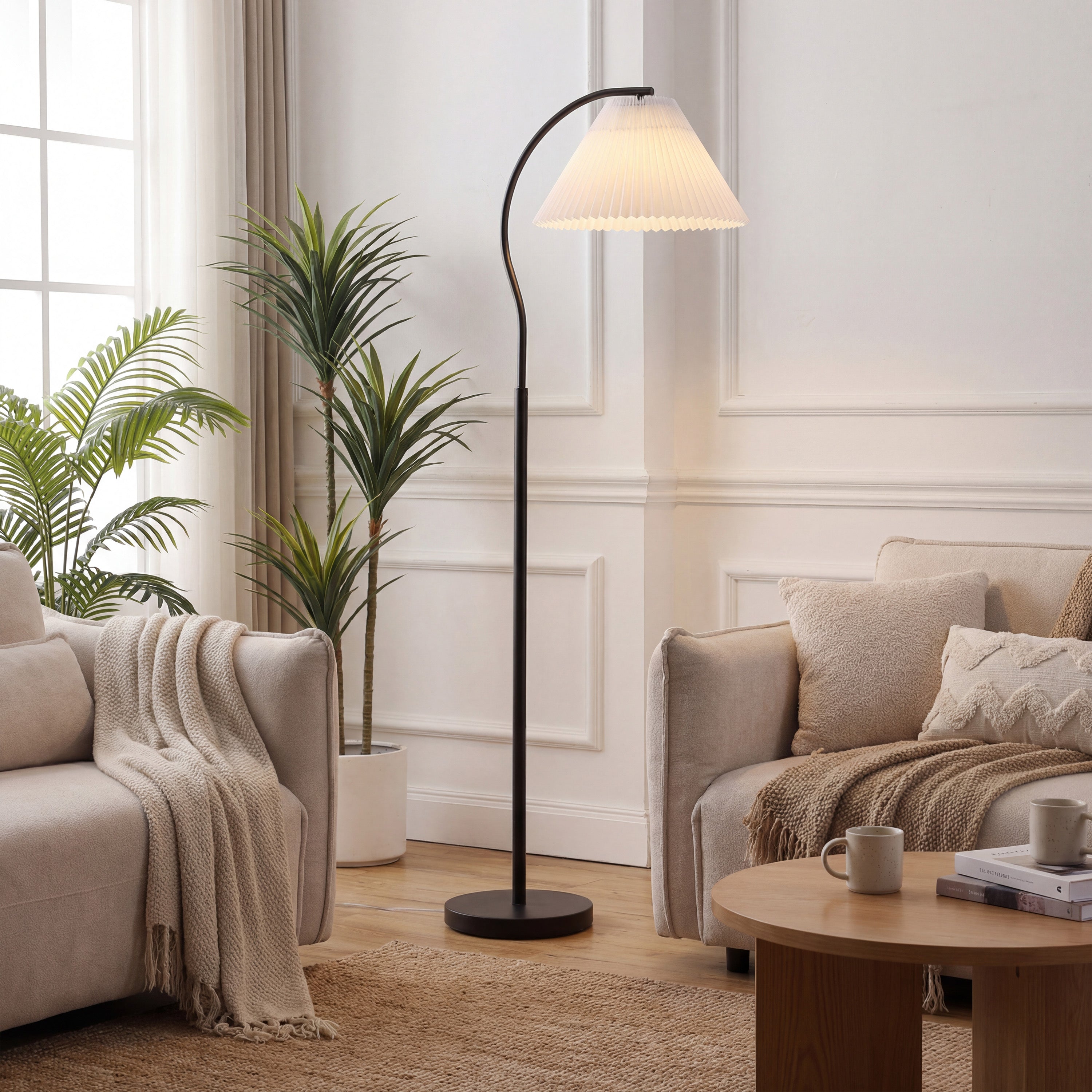 Devon Modern Glam Metal Arc LED Floor Lamp with Pleated Shade