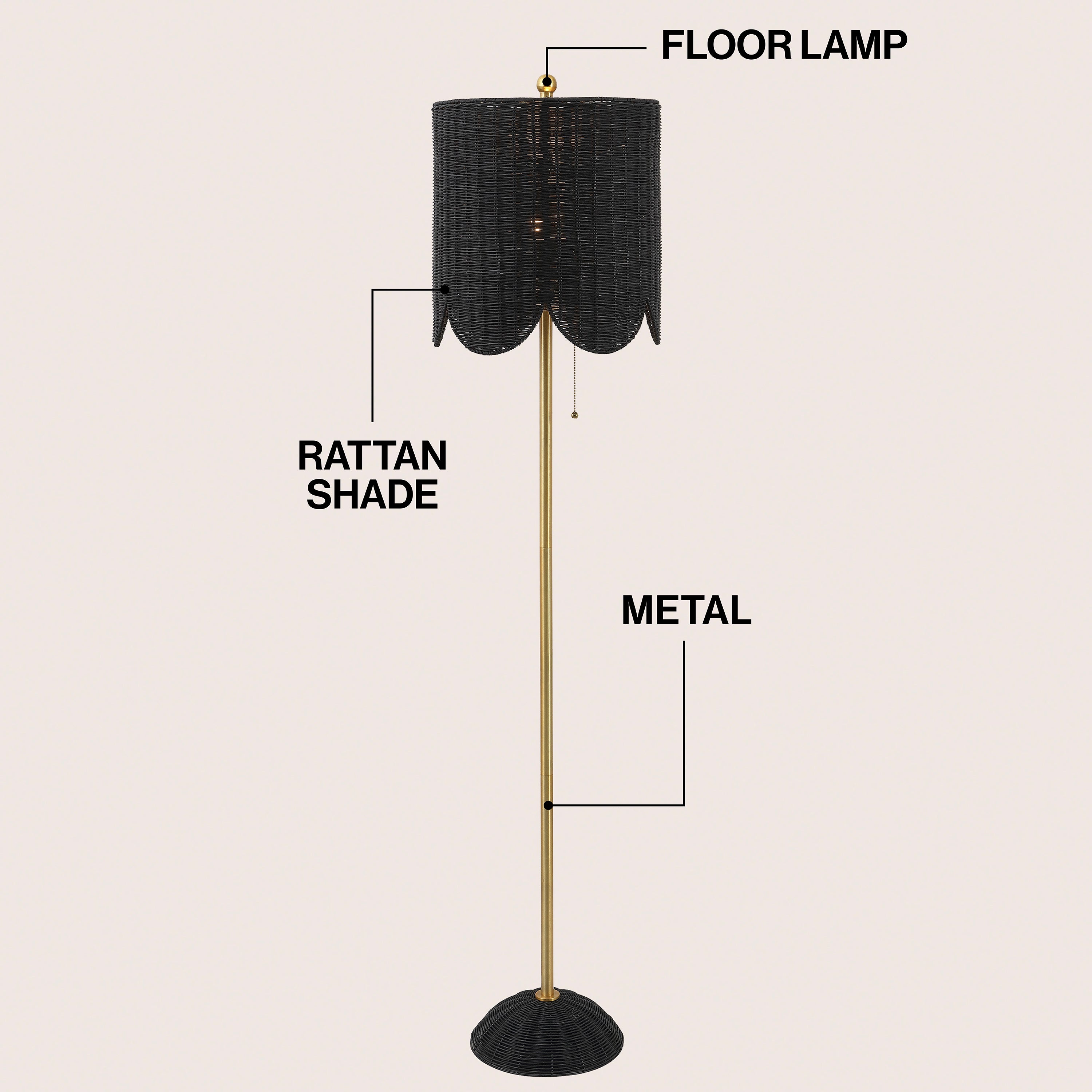 Joel 63.5" Coastal Bohemian Scallop Shade Rattan/Metal LED Floor Lamp with Pull Chain