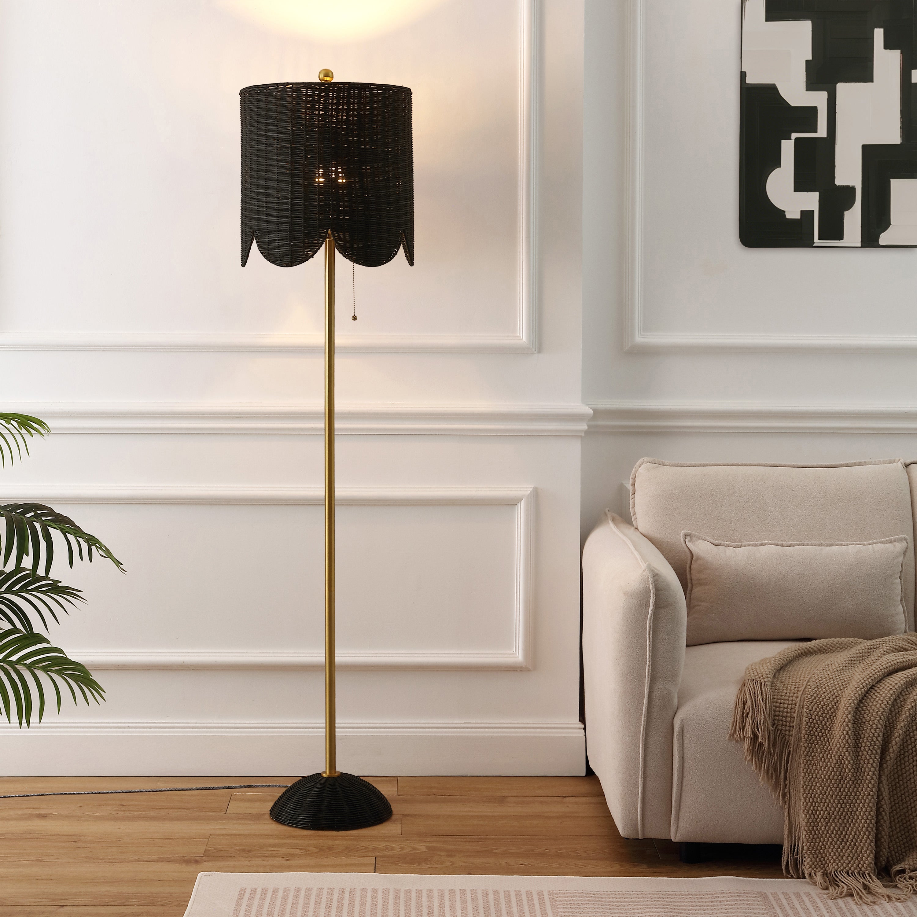 Joel 63.5" Coastal Bohemian Scallop Shade Rattan/Metal LED Floor Lamp with Pull Chain