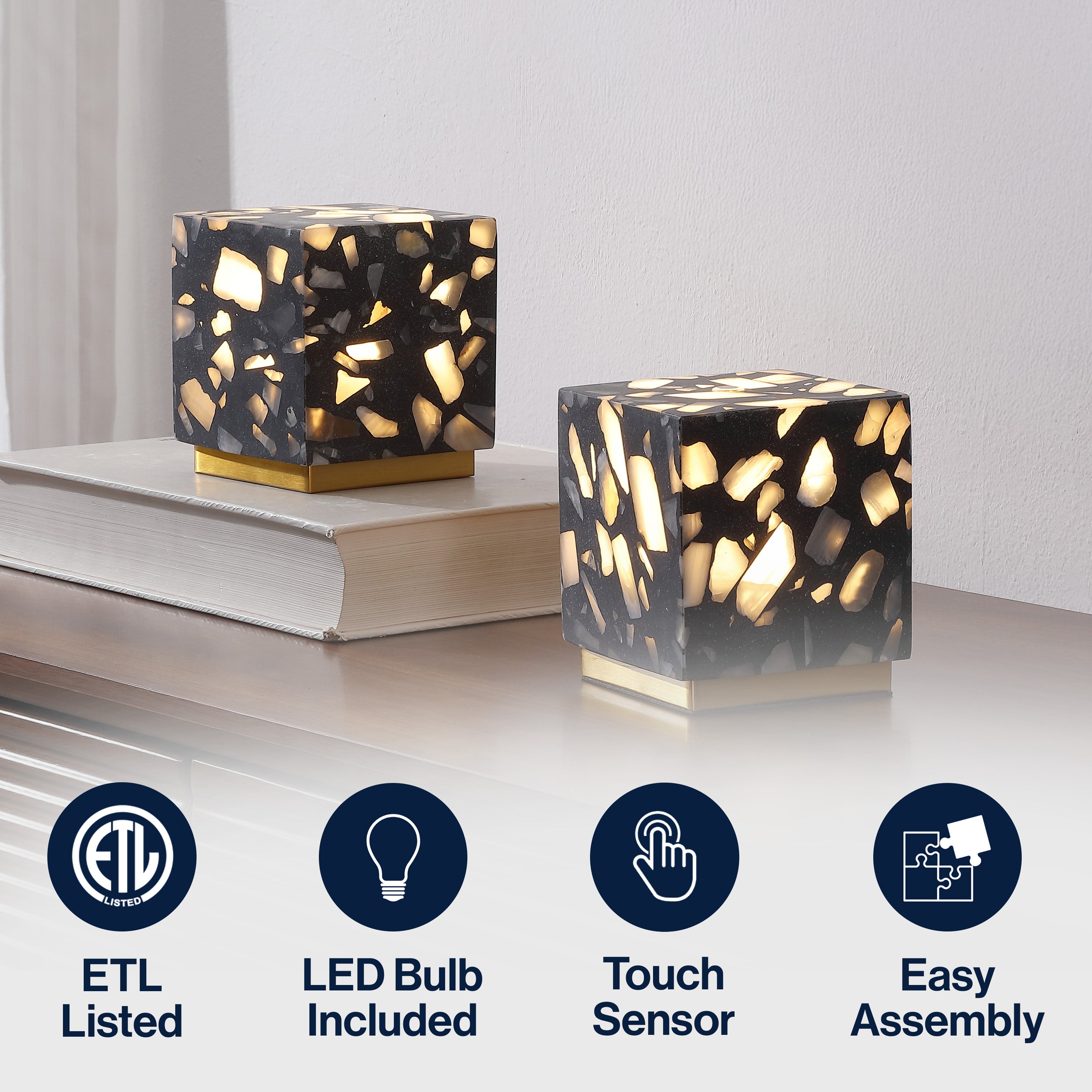 Lara Modern Glam Terrazzo Rechargeable/Cordless Dimmable LED Mini Table Lamp with Touch Sensor, Set of 2