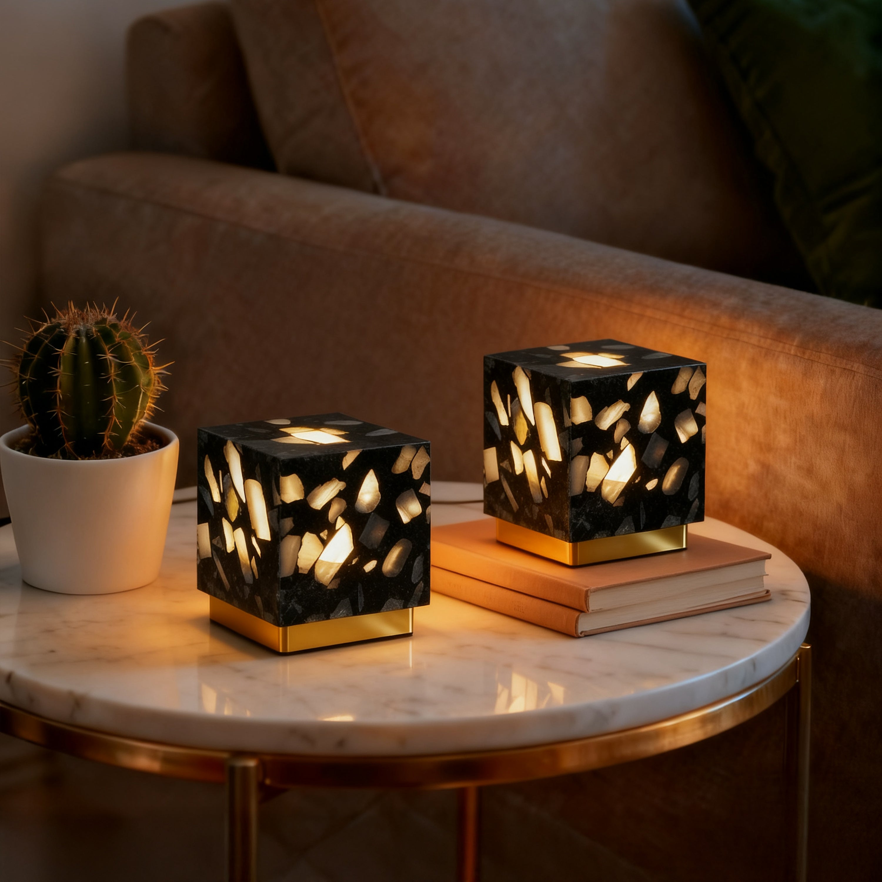 Lara Modern Glam Terrazzo Rechargeable/Cordless Dimmable LED Mini Table Lamp with Touch Sensor, Set of 2