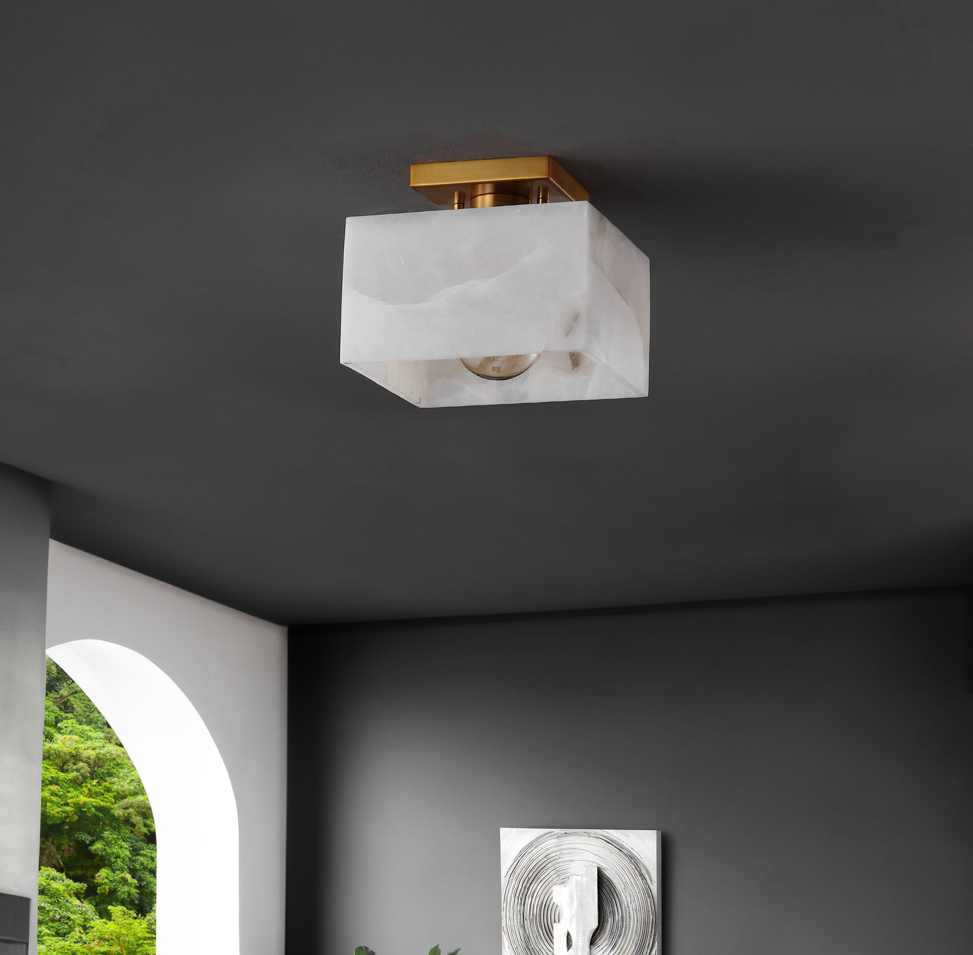 Alessia 1-Light Modern Contemporary Alabaster/Iron Square LED Semi Flush Mount
