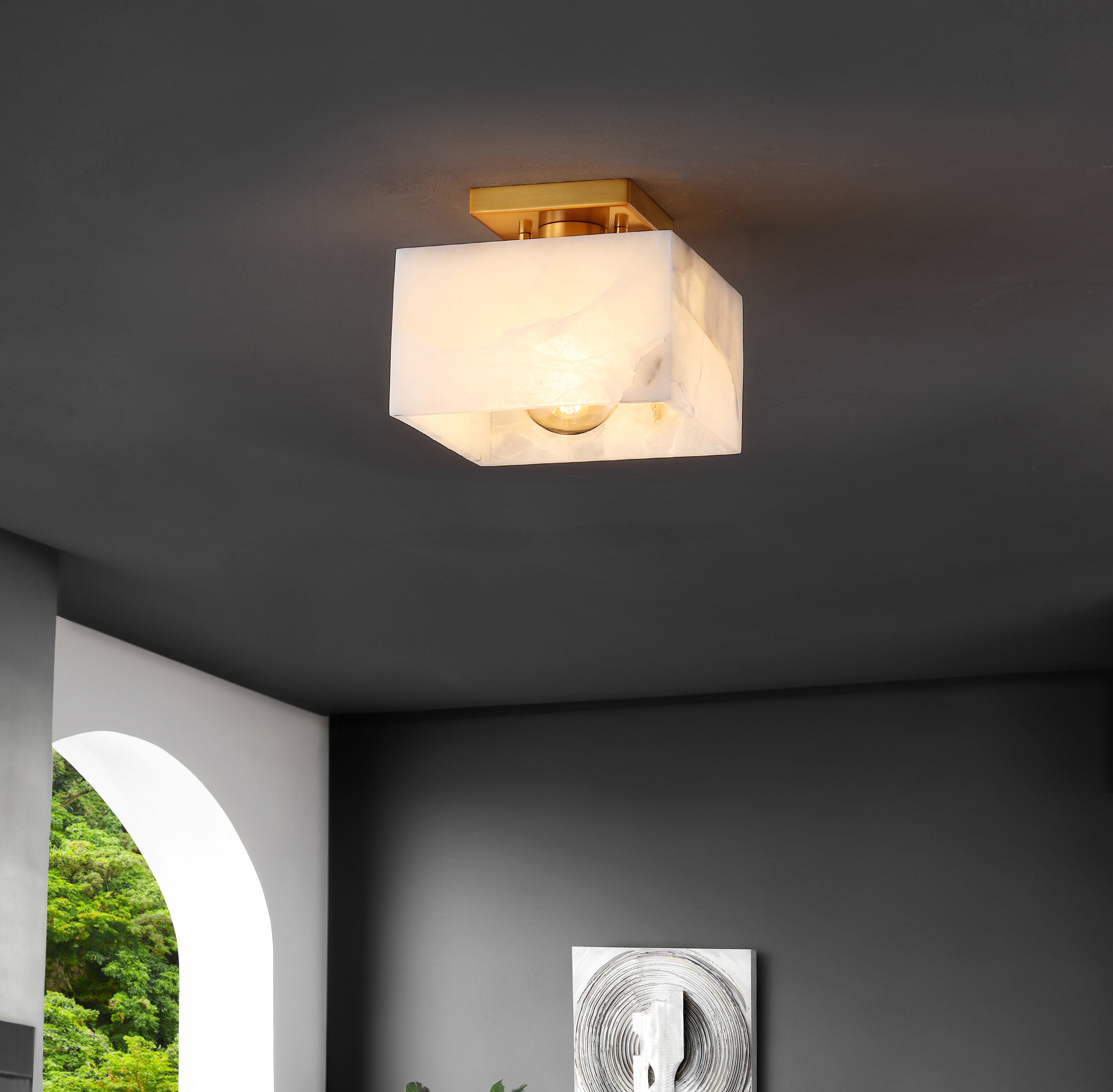 Alessia 1-Light Modern Contemporary Alabaster/Iron Square LED Semi Flush Mount