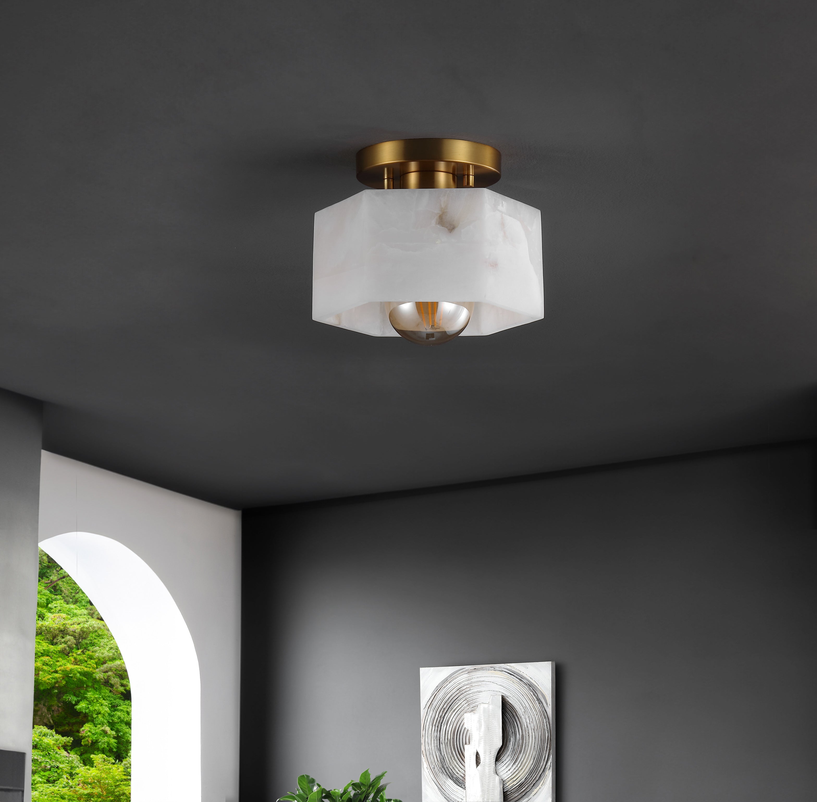 Tessa 1-Light Modern Contemporary Alabaster/Iron Hexagonal LED Semi Flush Mount