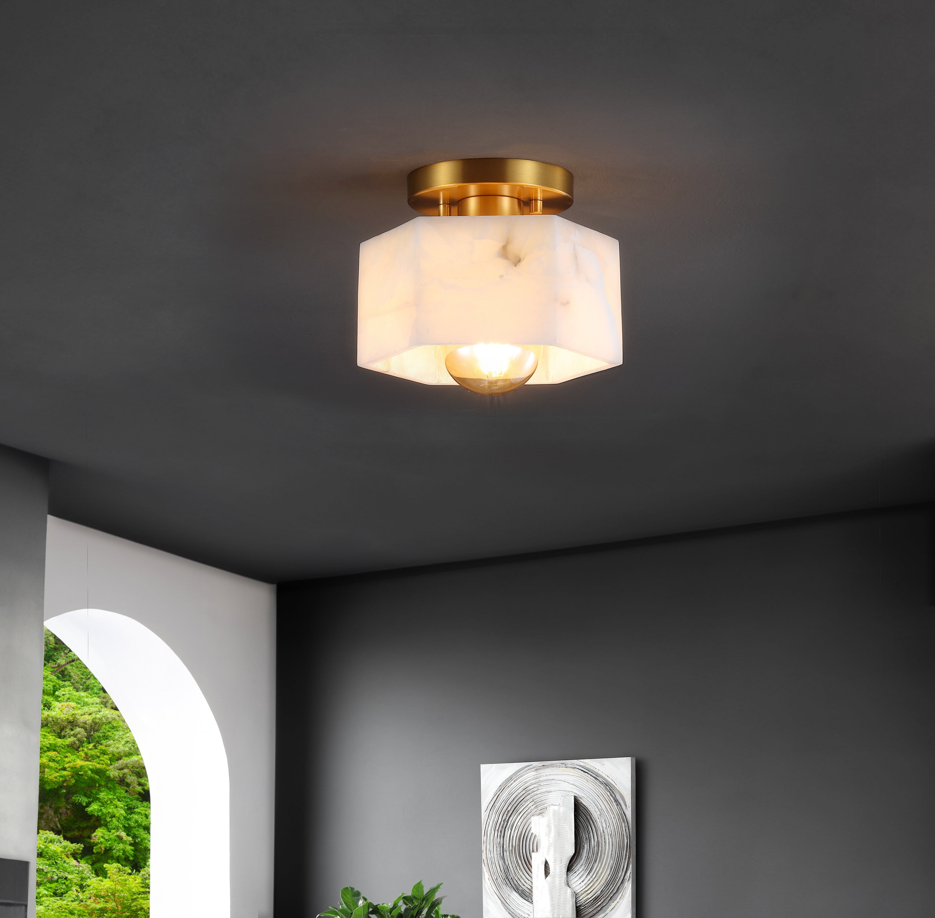 Tessa 1-Light Modern Contemporary Alabaster/Iron Hexagonal LED Semi Flush Mount