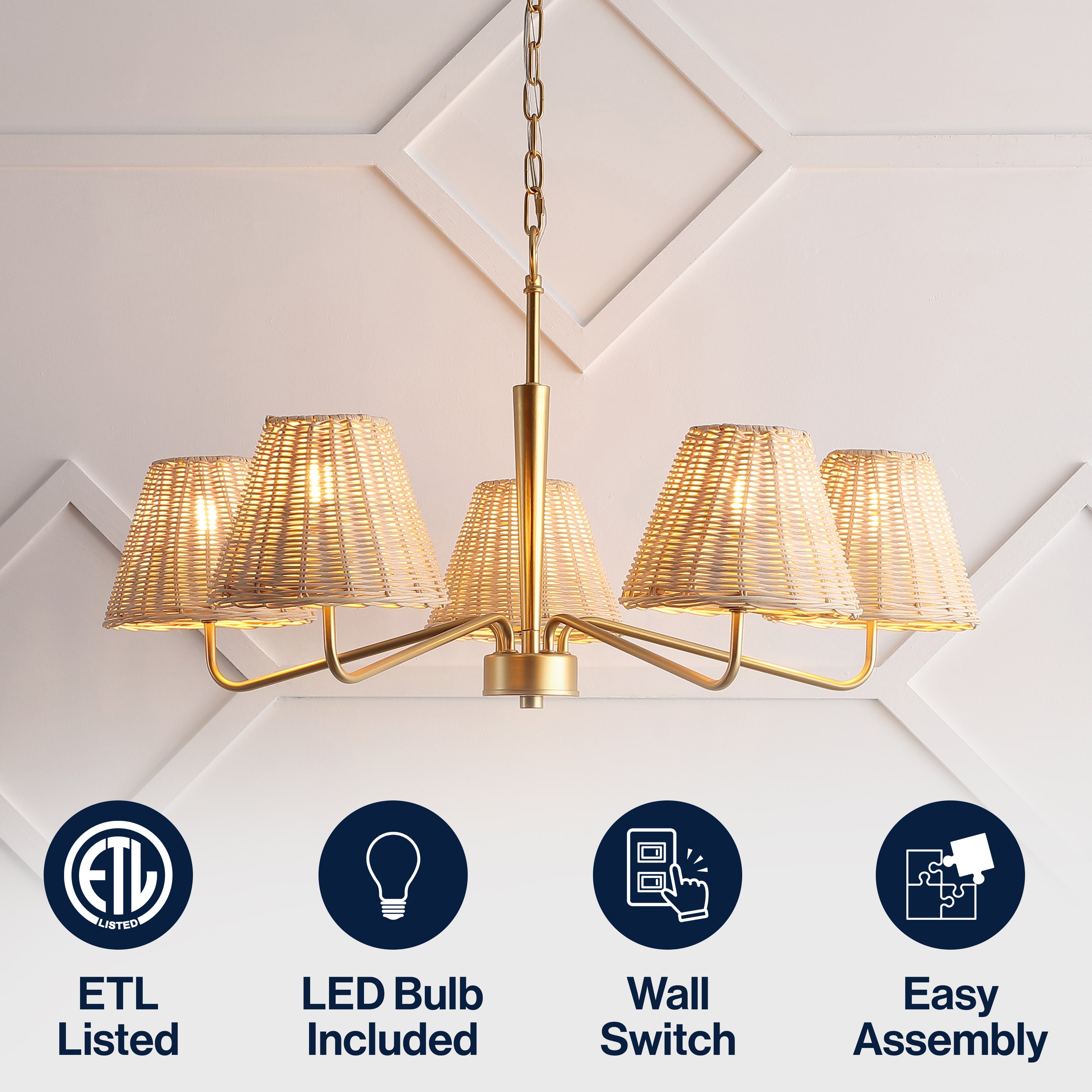 Libby 30" 5-Light Modern Coastal Sleek Woven Rattan/Iron LED Chandelier