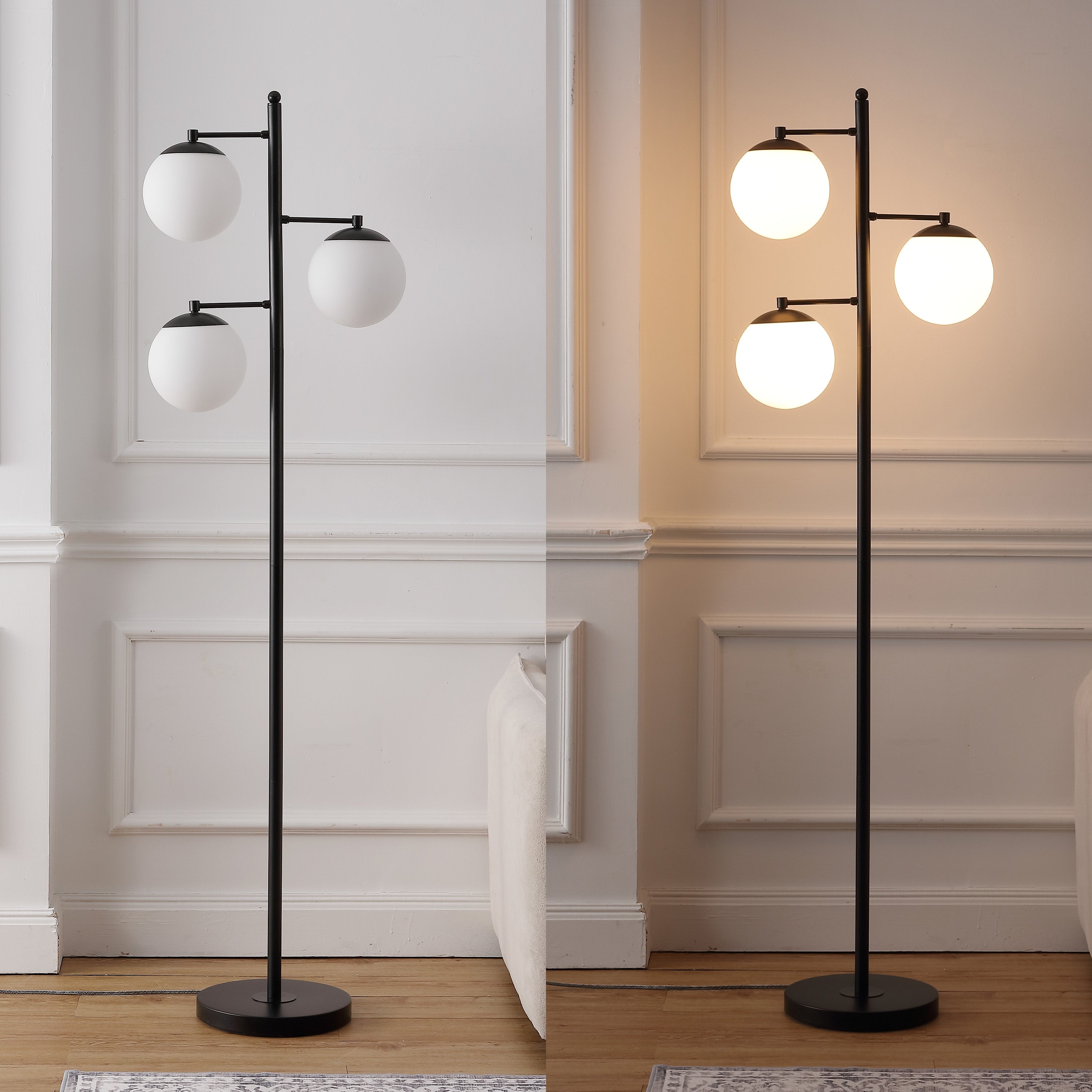 Ellie 3-Light Mid-Century Modern Metal LED Floor Lamp with Triple Frosted Globe Shades