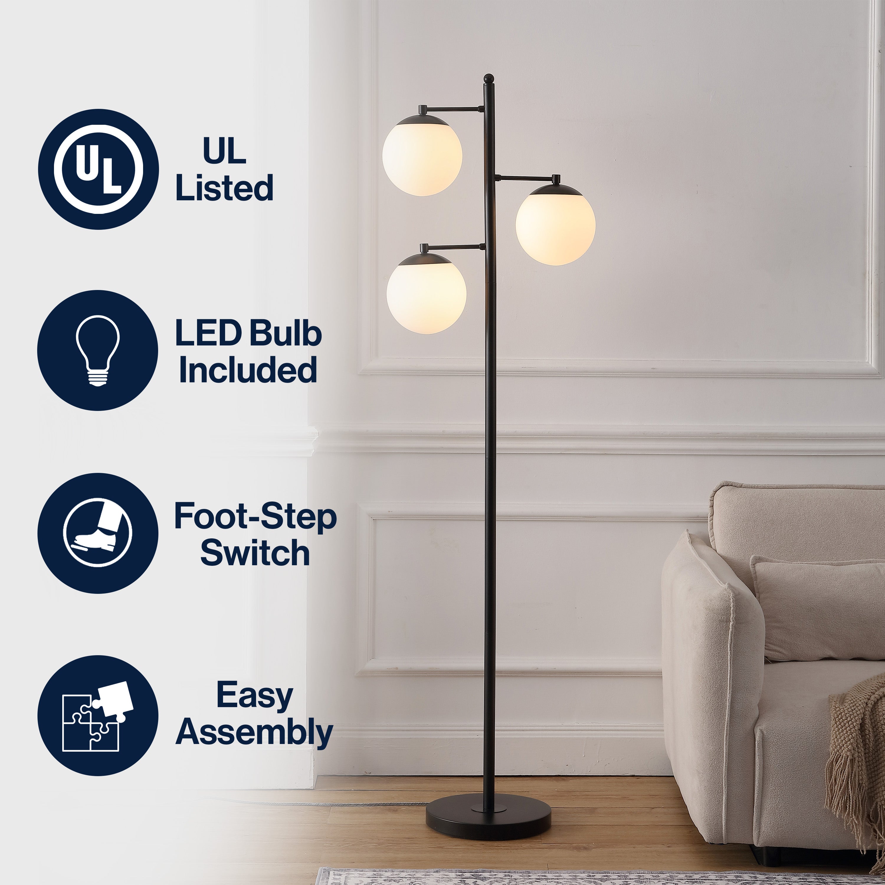Ellie 3-Light Mid-Century Modern Metal LED Floor Lamp with Triple Frosted Globe Shades
