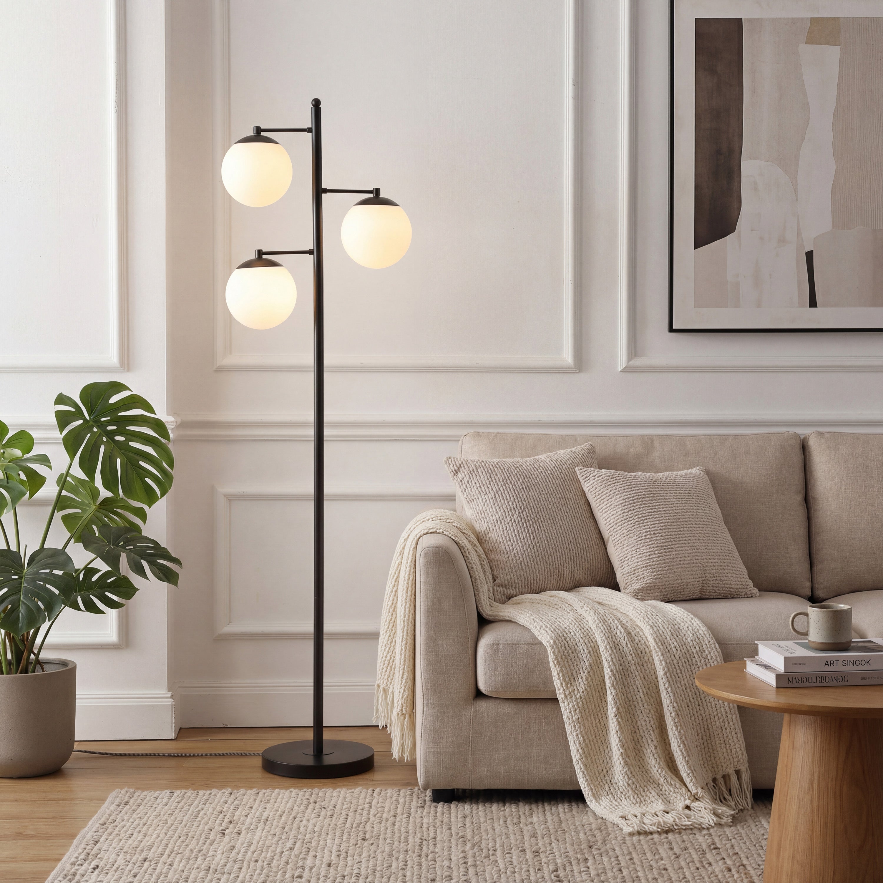 Ellie 3-Light Mid-Century Modern Metal LED Floor Lamp with Triple Frosted Globe Shades