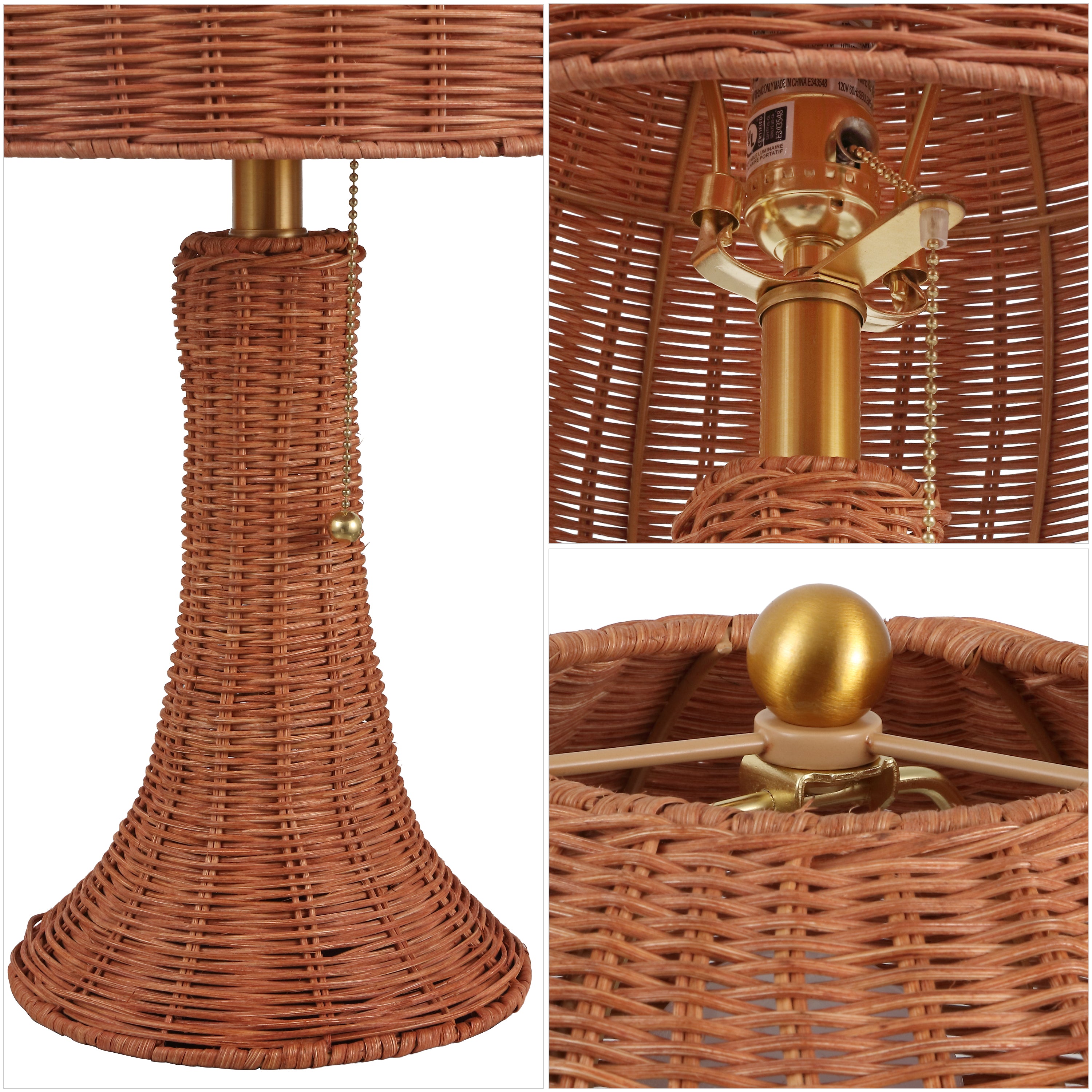 Joanie Bohemian Rustic Woven Rattan LED Table Lamp with Pull Chain