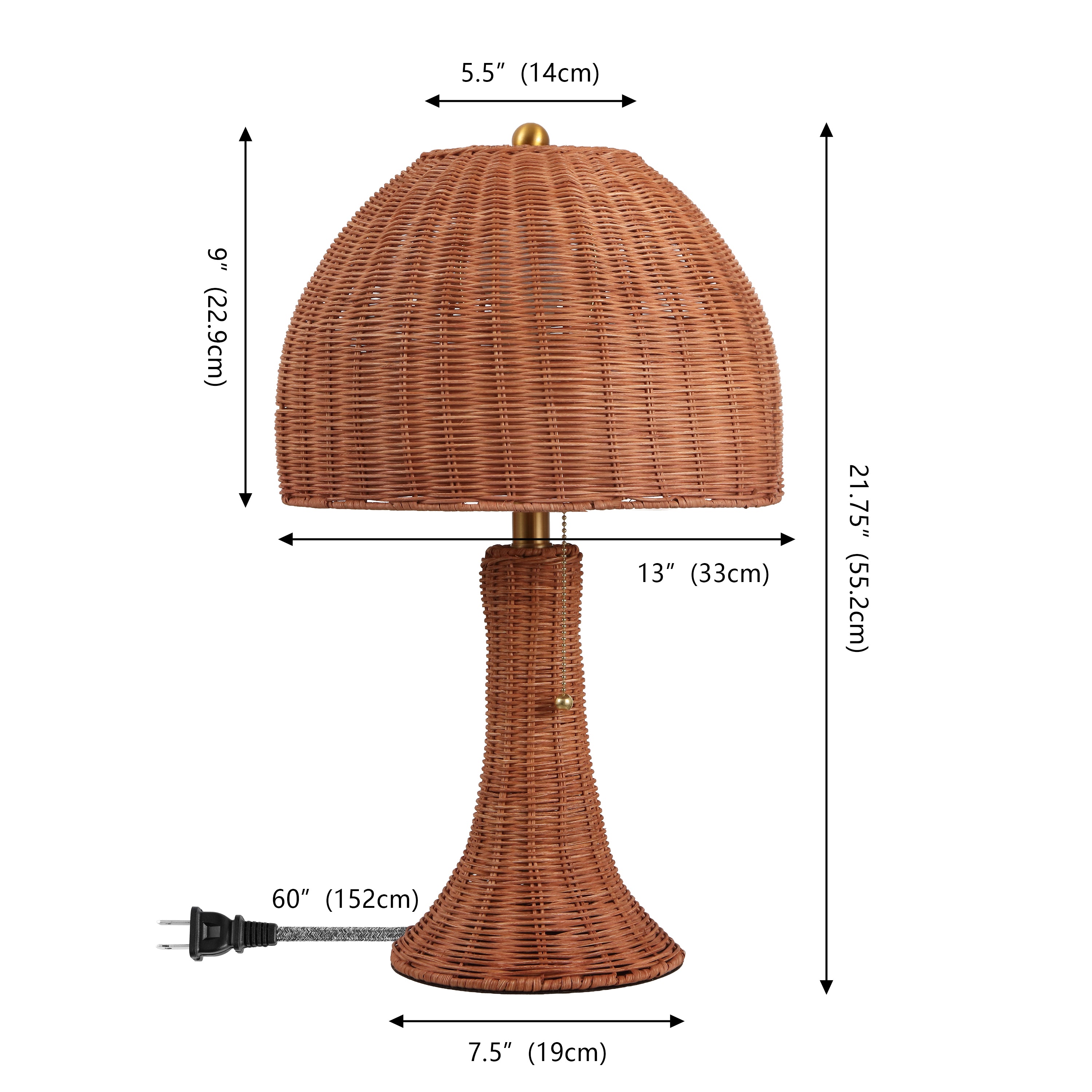 Joanie Bohemian Rustic Woven Rattan LED Table Lamp with Pull Chain