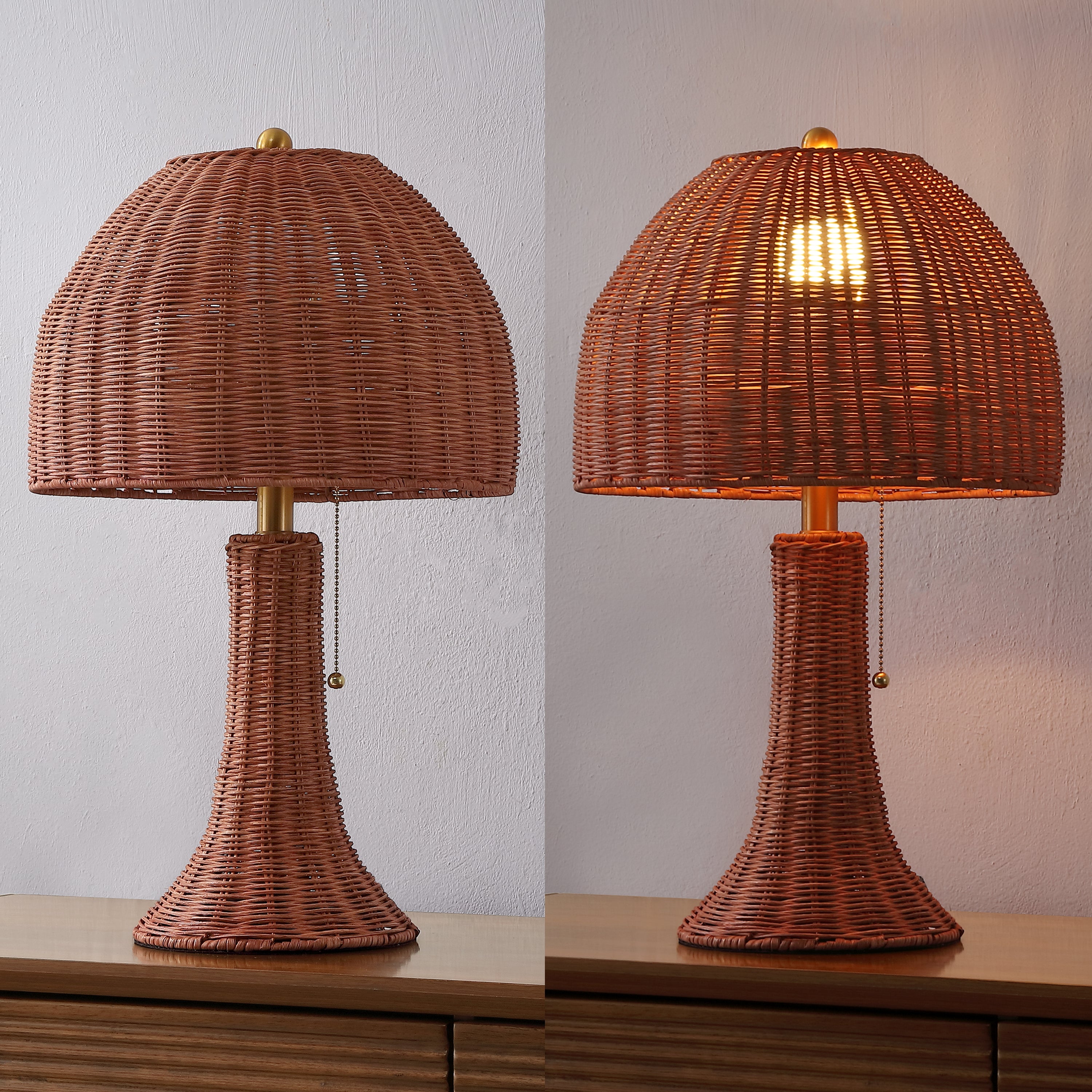 Joanie Bohemian Rustic Woven Rattan LED Table Lamp with Pull Chain