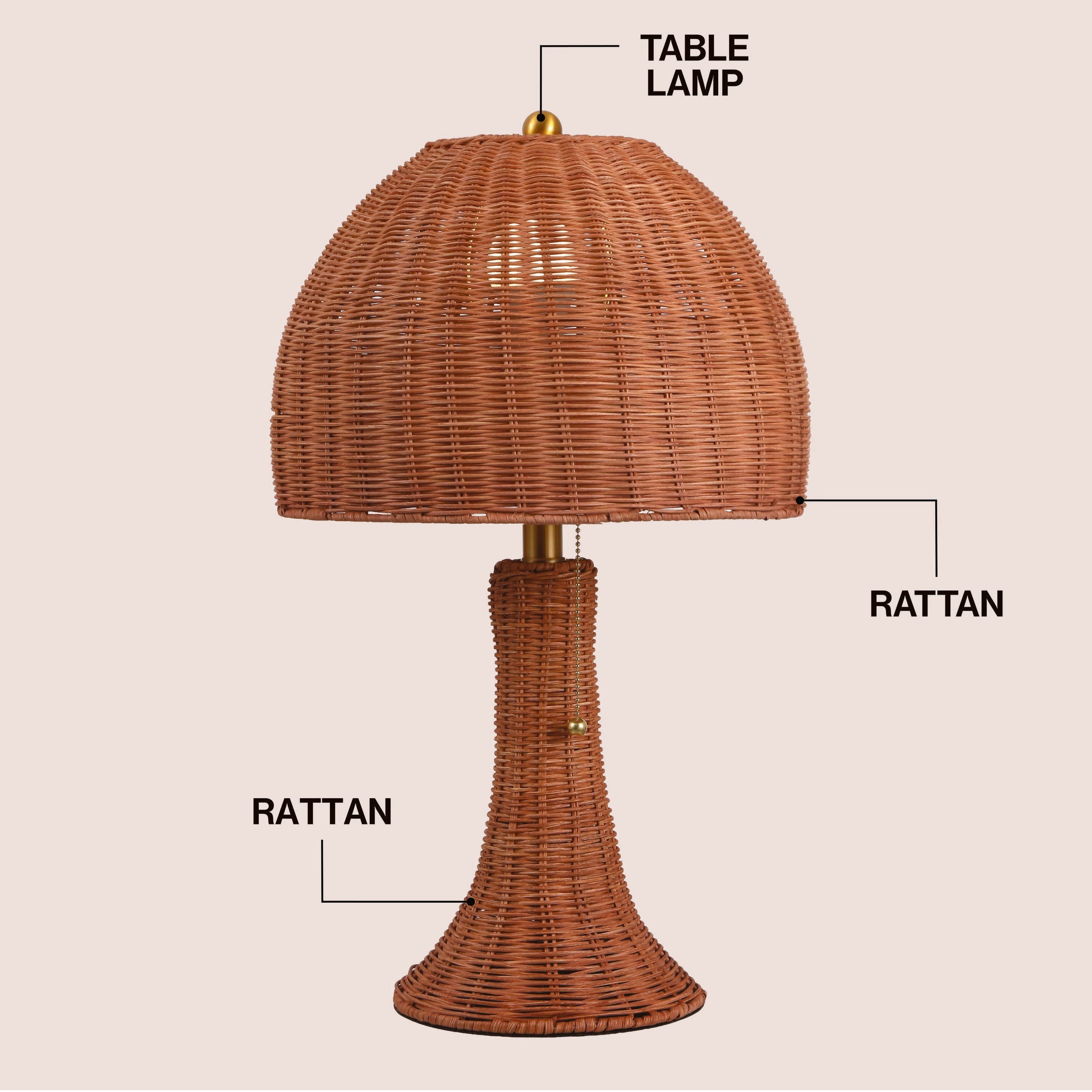 Joanie Bohemian Rustic Woven Rattan LED Table Lamp with Pull Chain