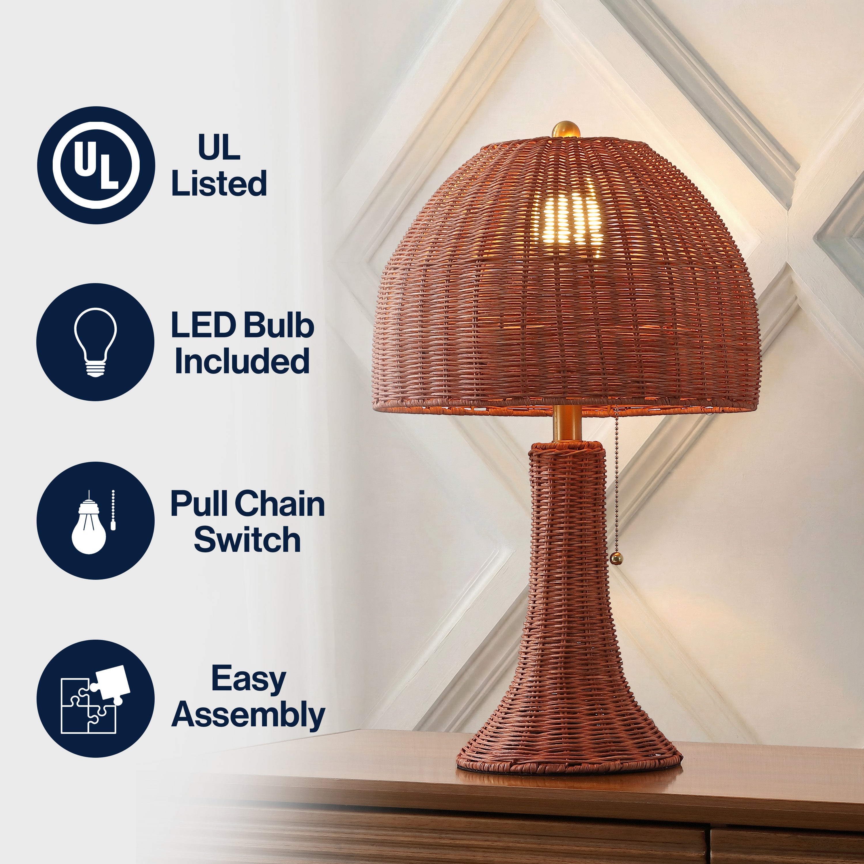 Joanie Bohemian Rustic Woven Rattan LED Table Lamp with Pull Chain