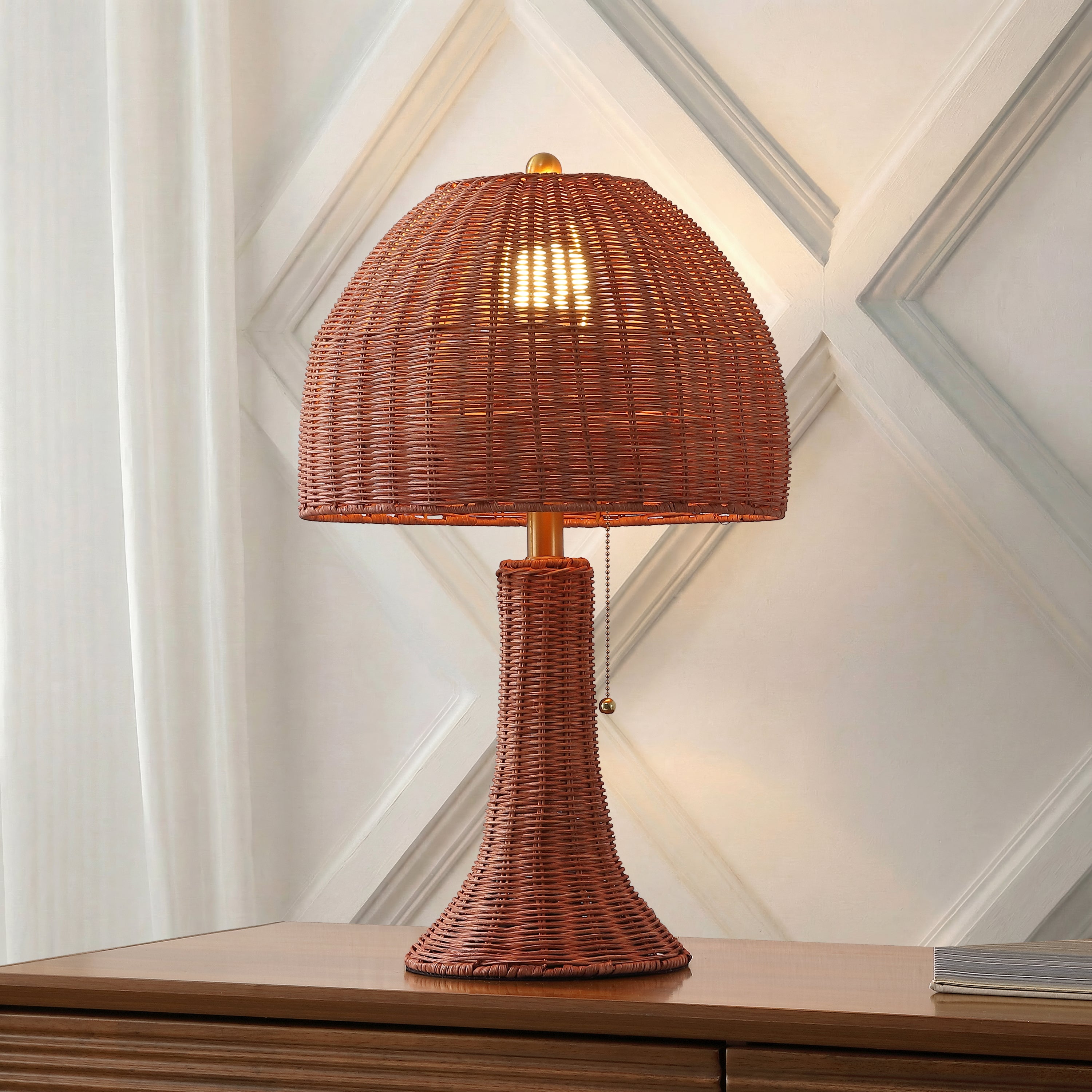 Joanie Bohemian Rustic Woven Rattan LED Table Lamp with Pull Chain