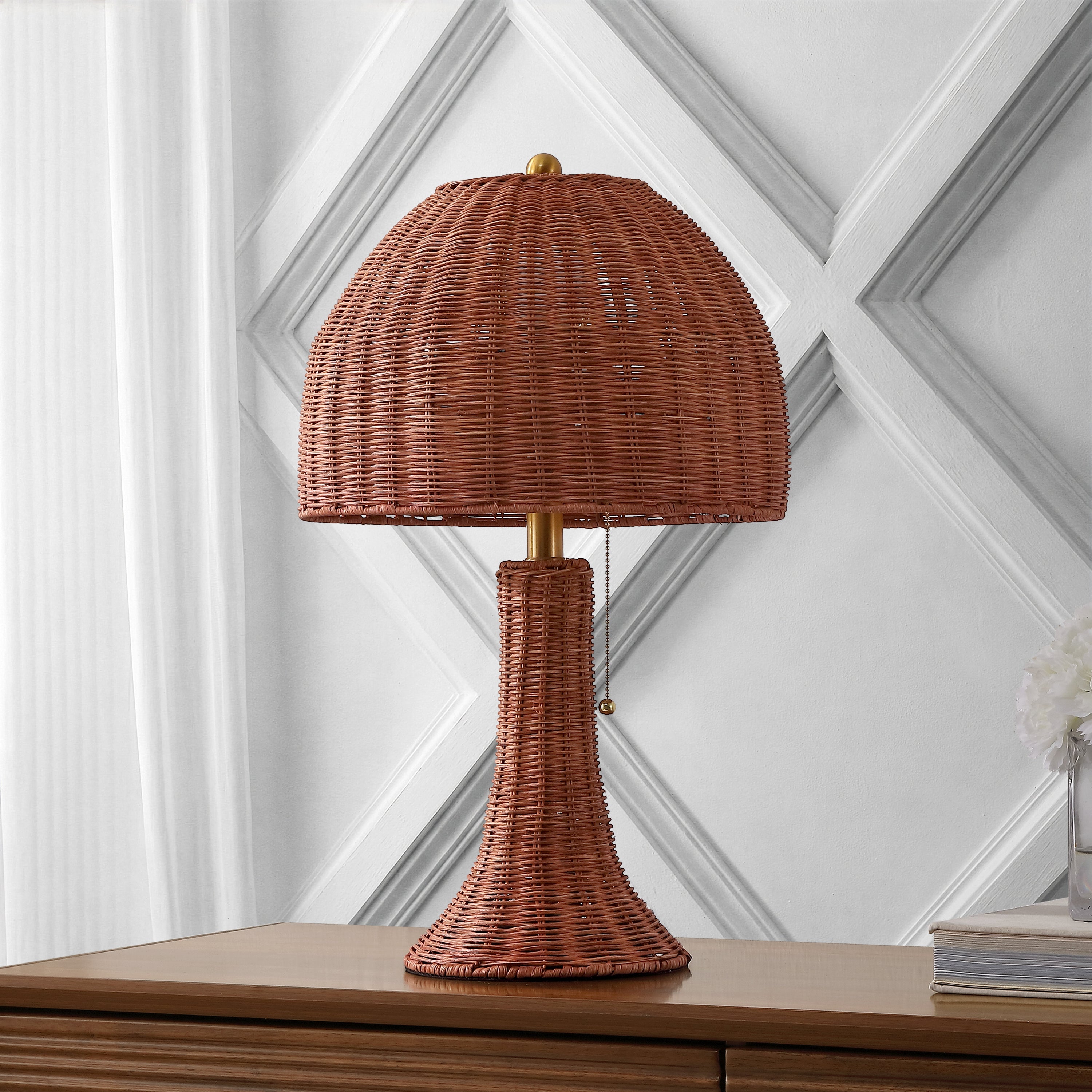 Joanie Bohemian Rustic Woven Rattan LED Table Lamp with Pull Chain