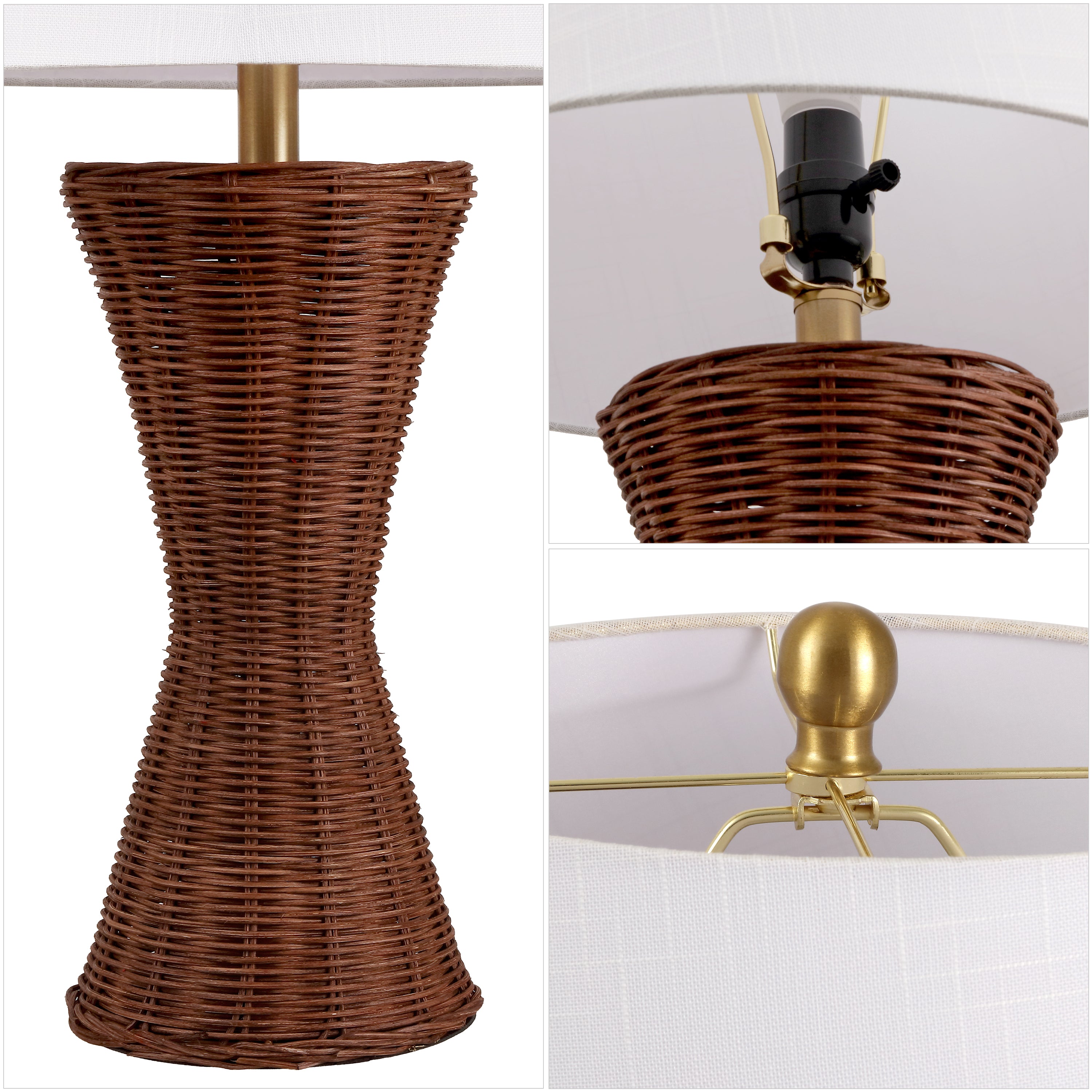 Laura Coastal Designer Woven Rattan/Metal Hourglass LED Table Lamp, Set of 2