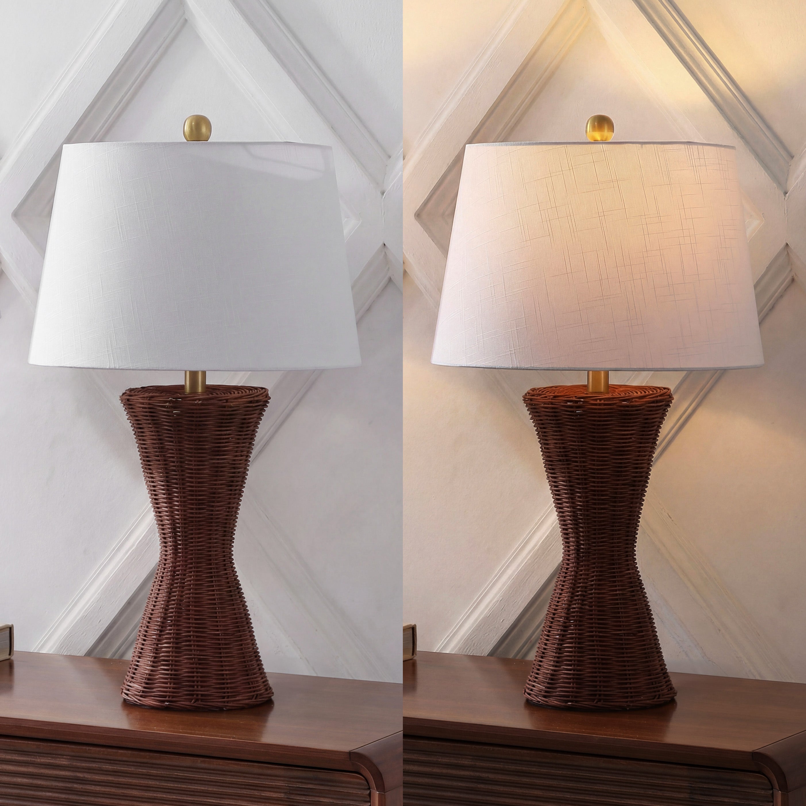 Laura Coastal Designer Woven Rattan/Metal Hourglass LED Table Lamp, Set of 2