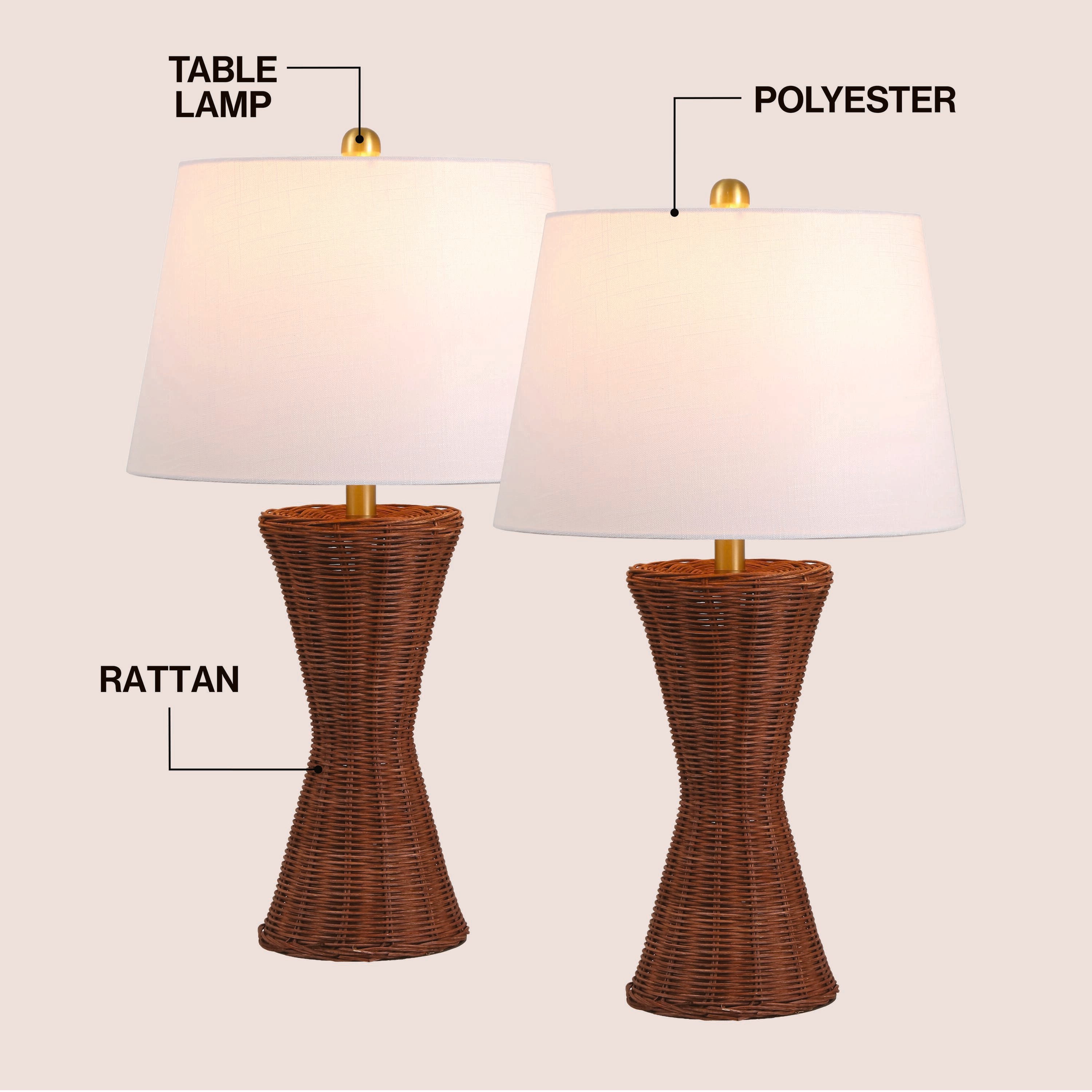Laura Coastal Designer Woven Rattan/Metal Hourglass LED Table Lamp, Set of 2