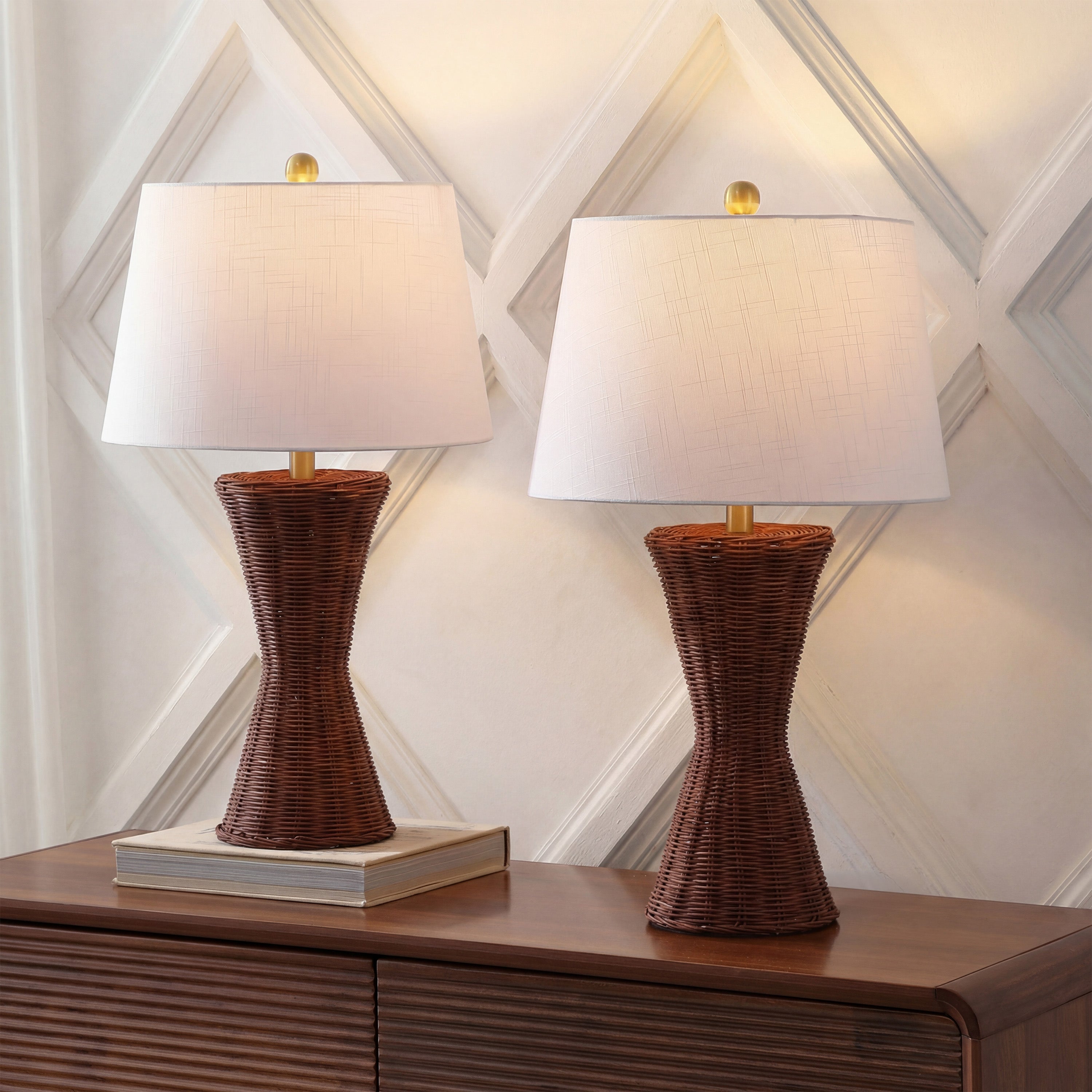 Laura Coastal Designer Woven Rattan/Metal Hourglass LED Table Lamp, Set of 2
