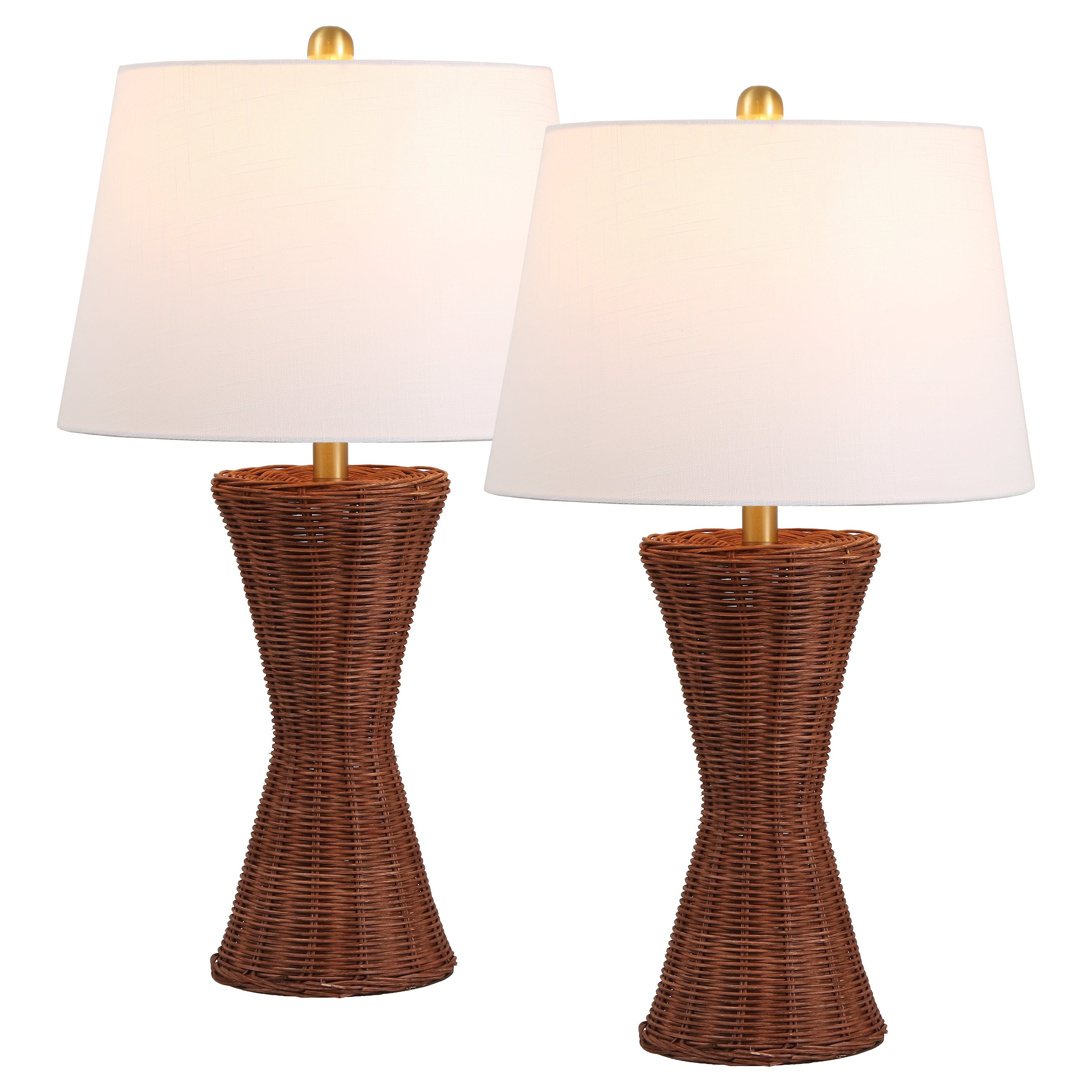 Laura Coastal Designer Woven Rattan/Metal Hourglass LED Table Lamp, Set of 2