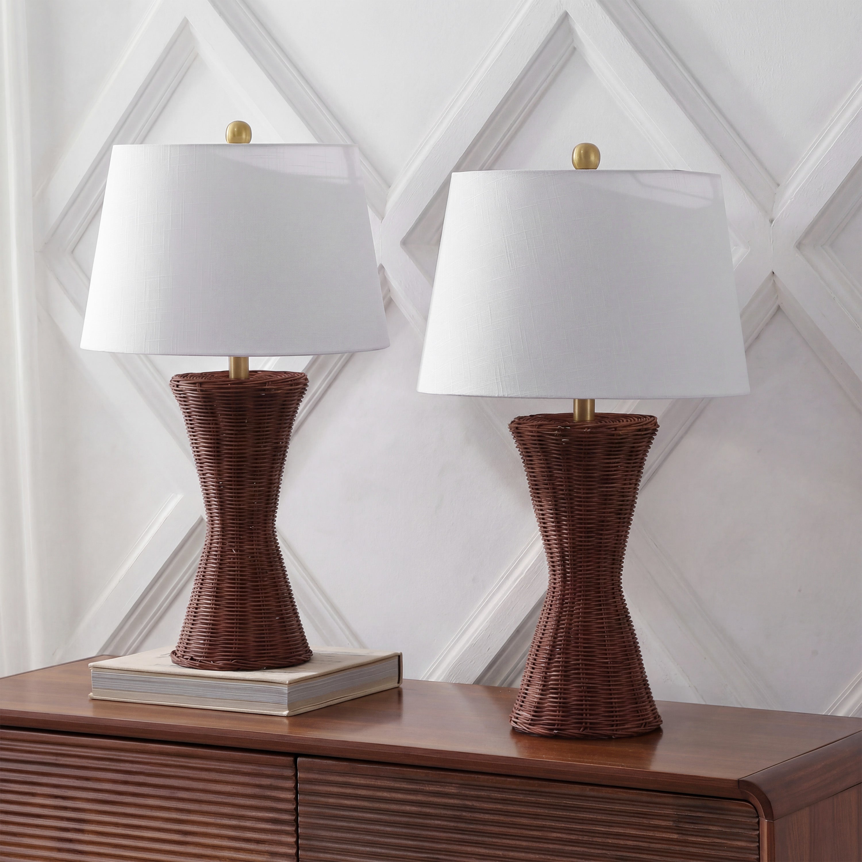 Laura Coastal Designer Woven Rattan/Metal Hourglass LED Table Lamp, Set of 2