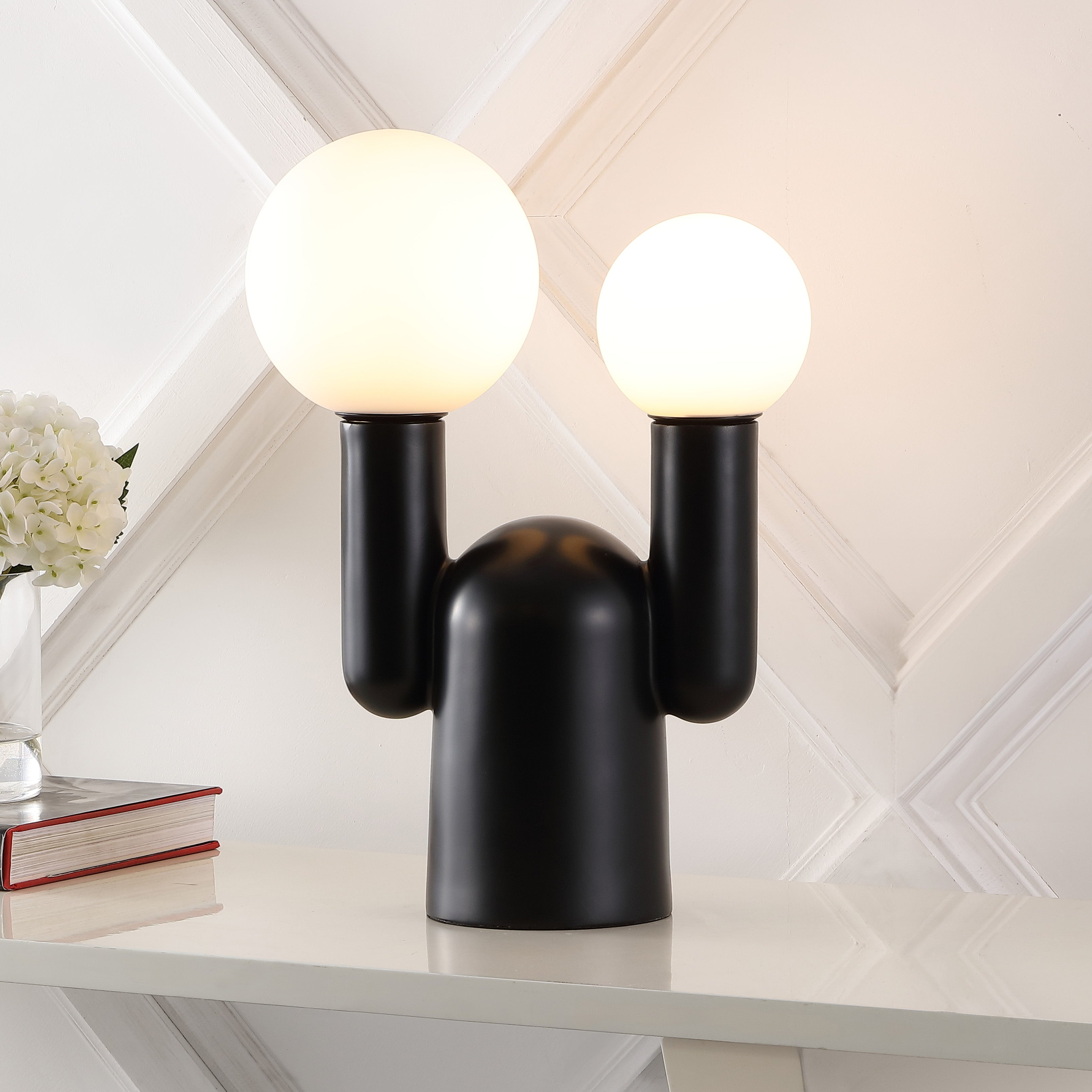 Leif 2-Light Modern Mid-Century Resin/Iron/Frosted Glass Nordic Cactus LED Table Lamp