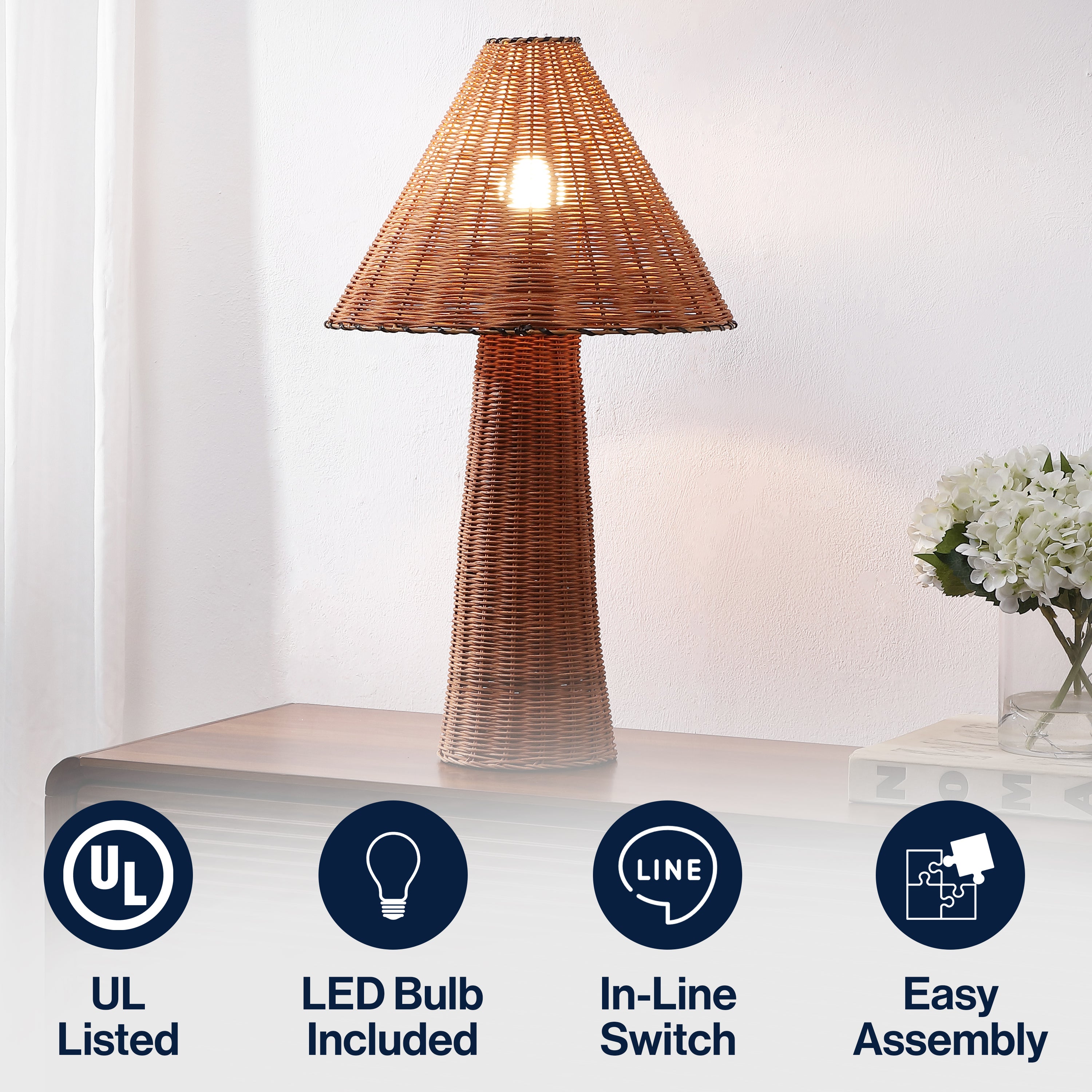 Kara 26.5" Modern Coastal Woven Rattan Tapered Cylinder LED Table Lamp