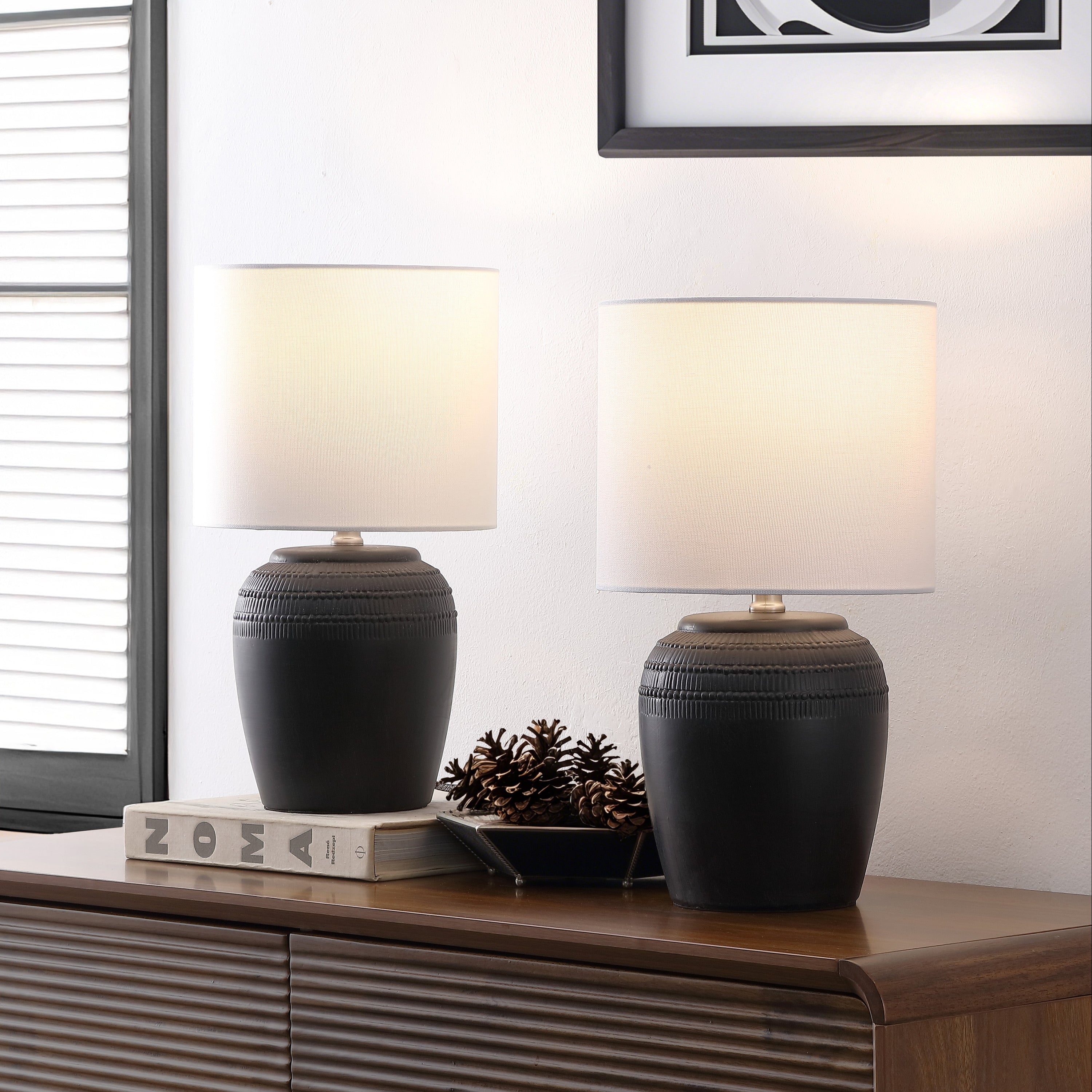 Hugo 16.75" Traditional Rustic Reeded Ceramic Vase LED Table Lamp, Set of 2
