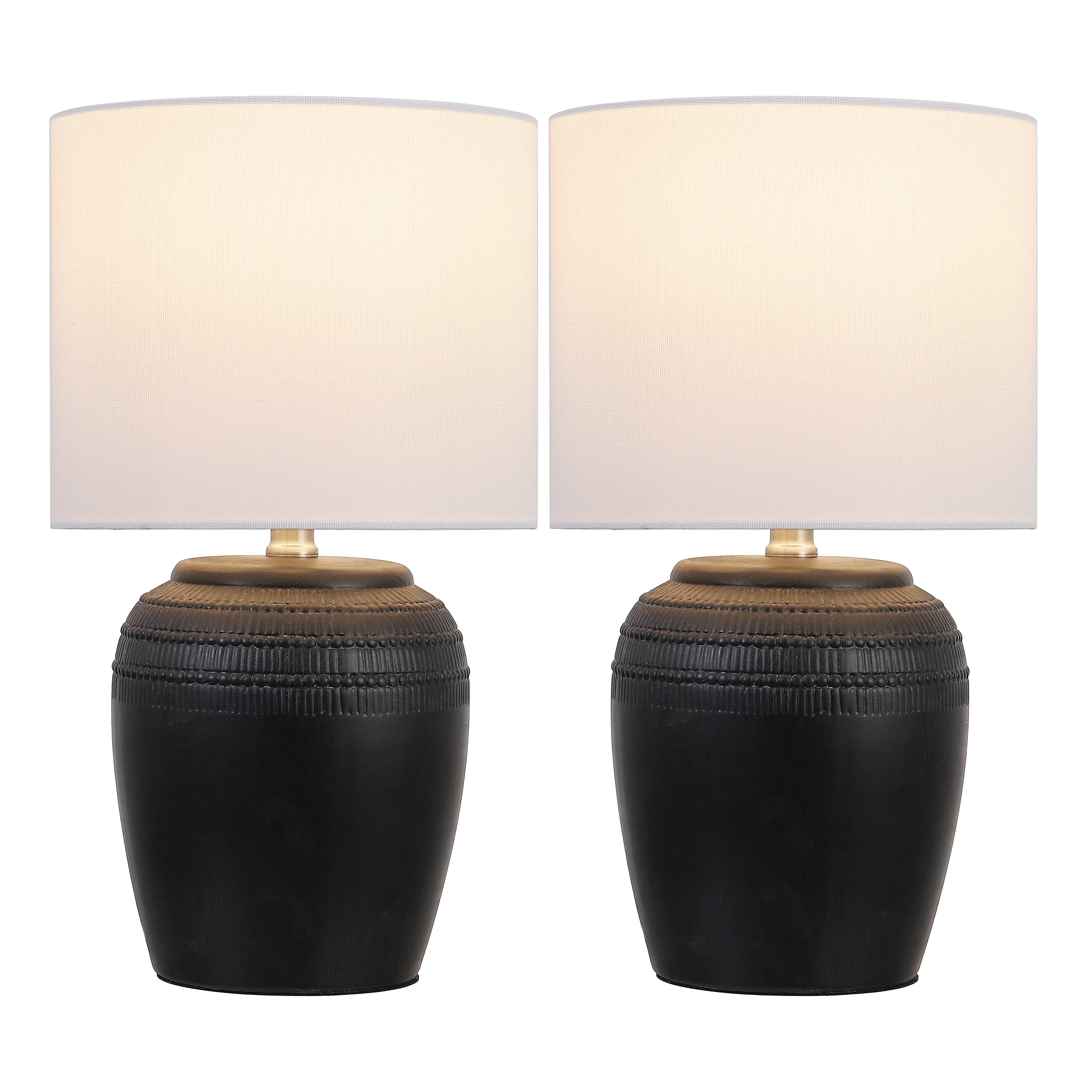 Hugo 16.75" Traditional Rustic Reeded Ceramic Vase LED Table Lamp, Set of 2