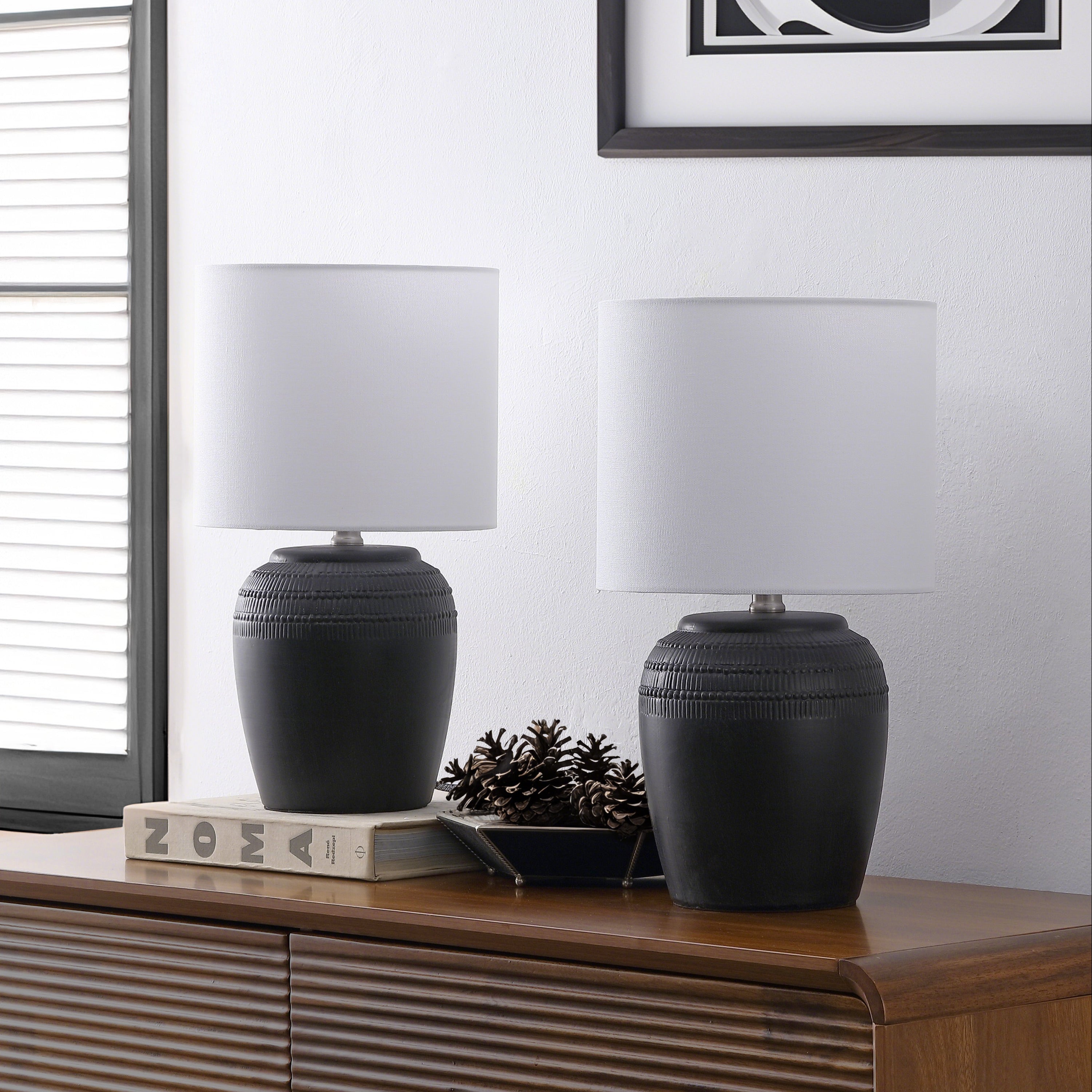Hugo 16.75" Traditional Rustic Reeded Ceramic Vase LED Table Lamp, Set of 2