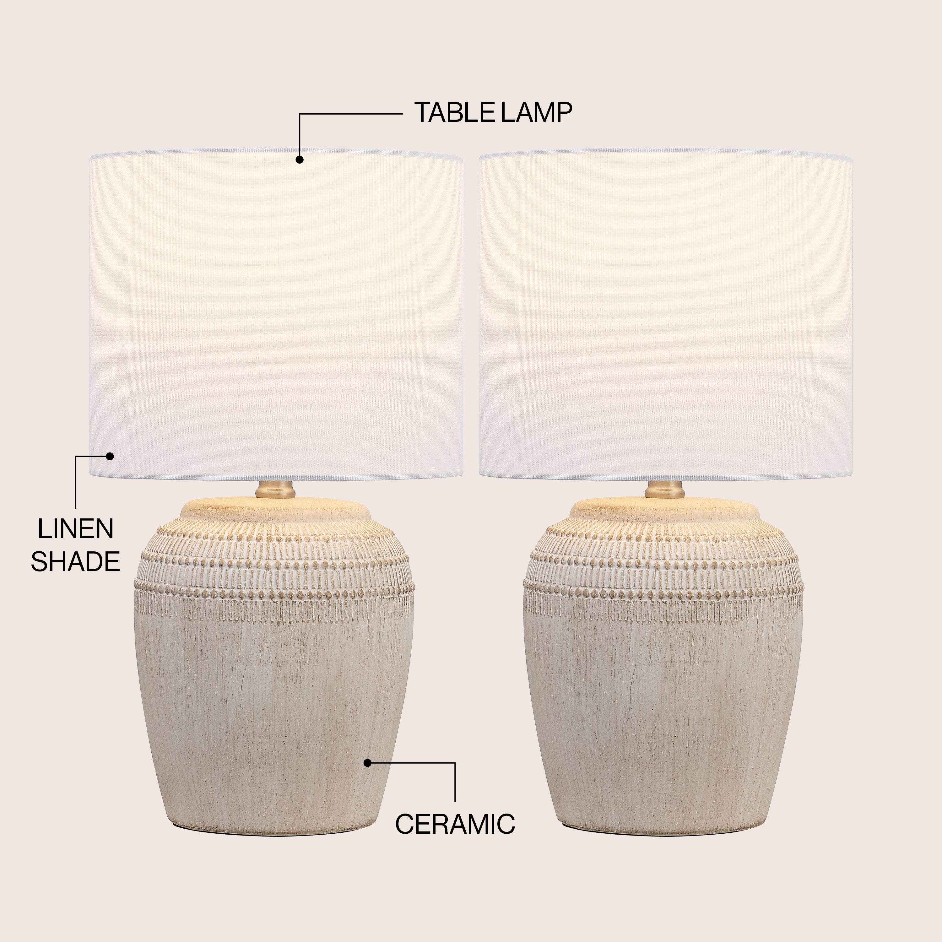 Hugo 16.75" Traditional Rustic Reeded Ceramic Vase LED Table Lamp, Set of 2