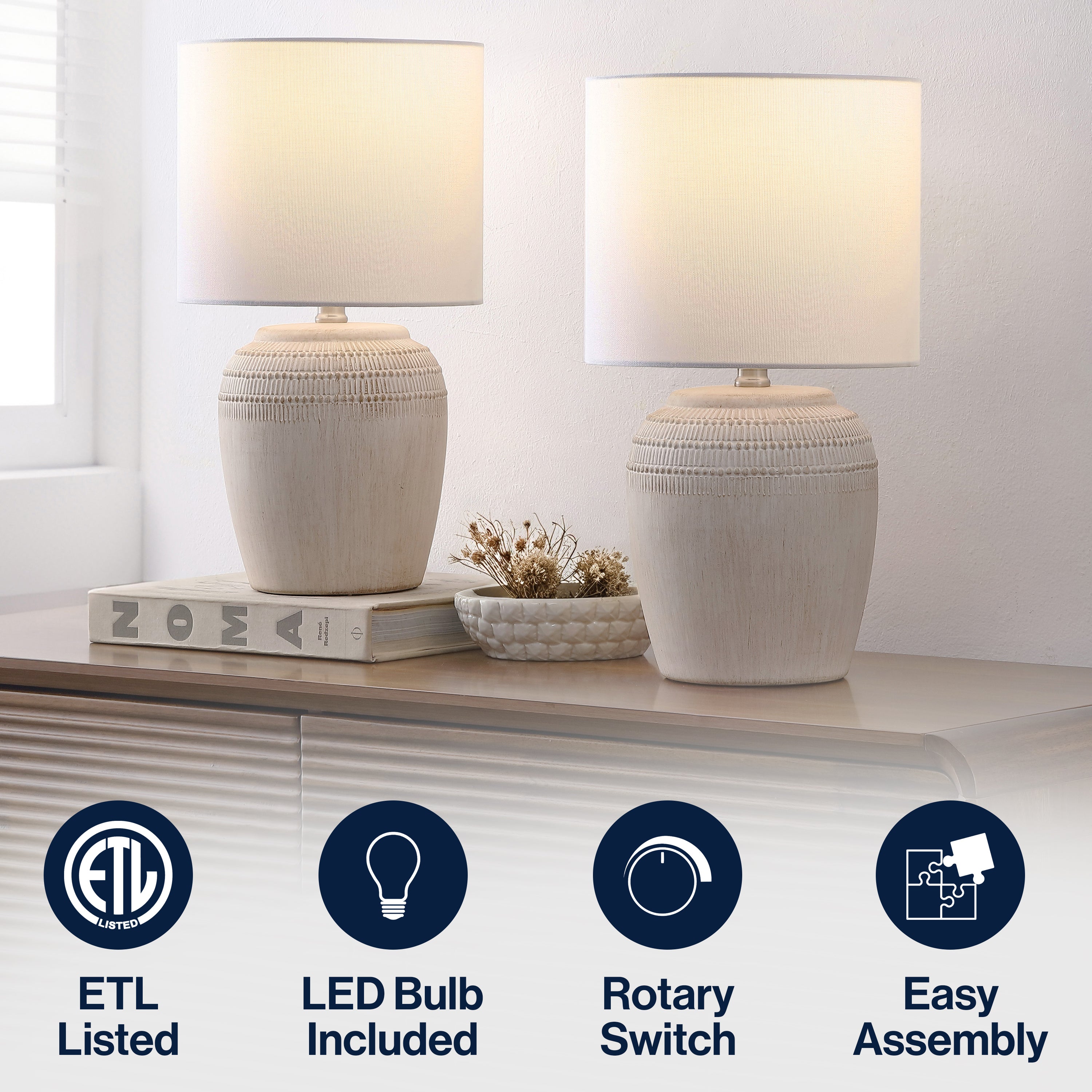 Hugo 16.75" Traditional Rustic Reeded Ceramic Vase LED Table Lamp, Set of 2
