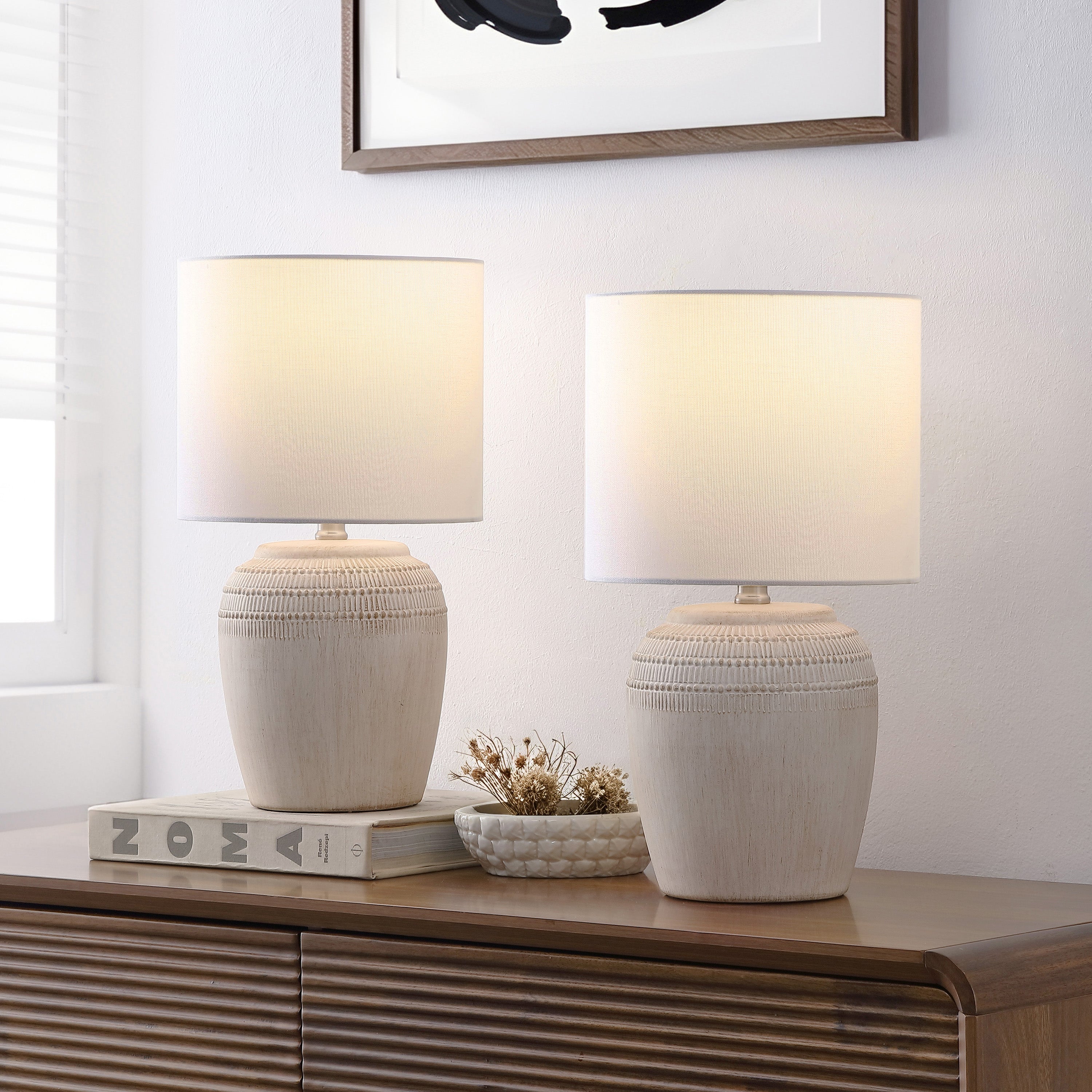 Hugo 16.75" Traditional Rustic Reeded Ceramic Vase LED Table Lamp, Set of 2