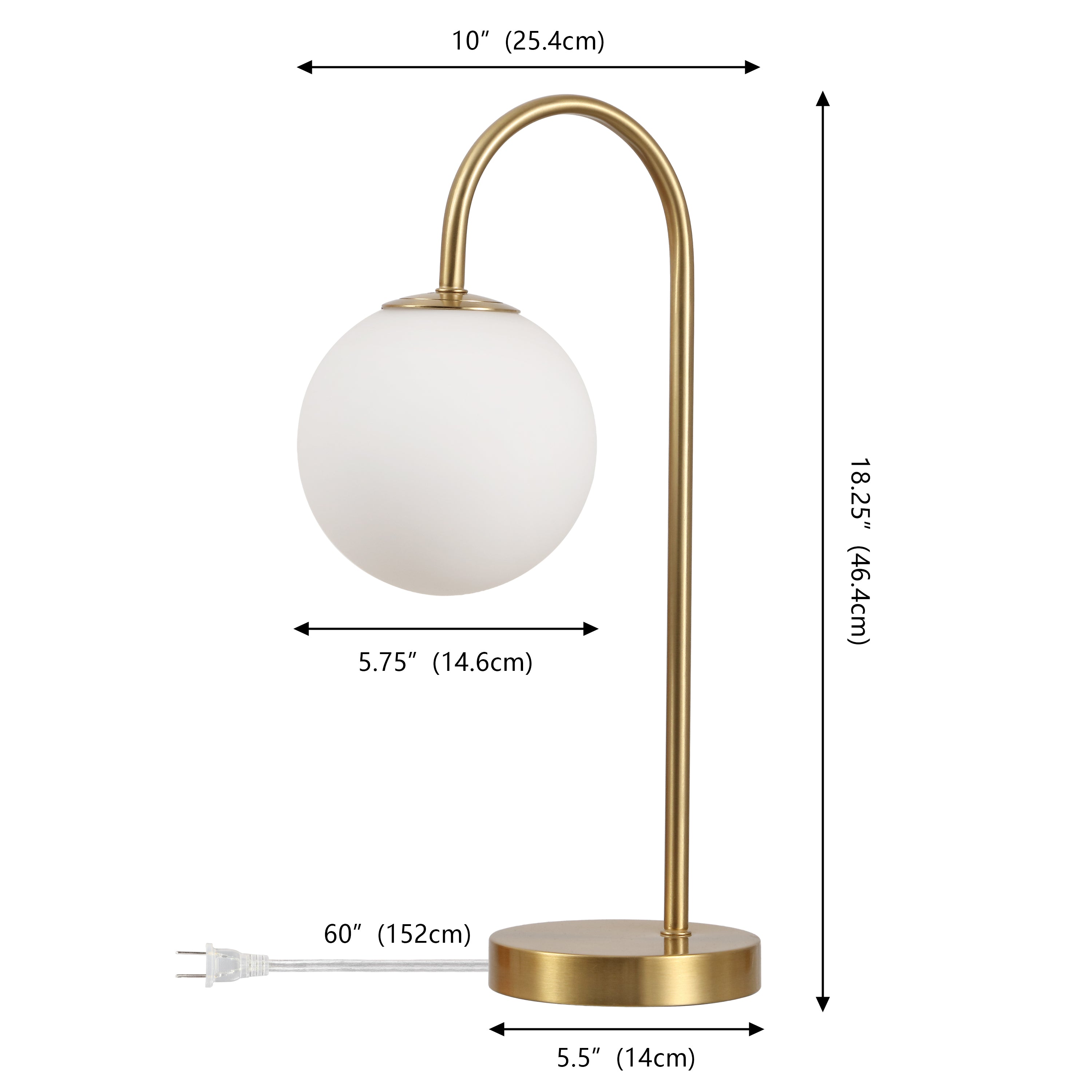 Arco Minimalist Mid-Century Arched Metal/Glass LED Table Lamp with Frosted Globe Shade