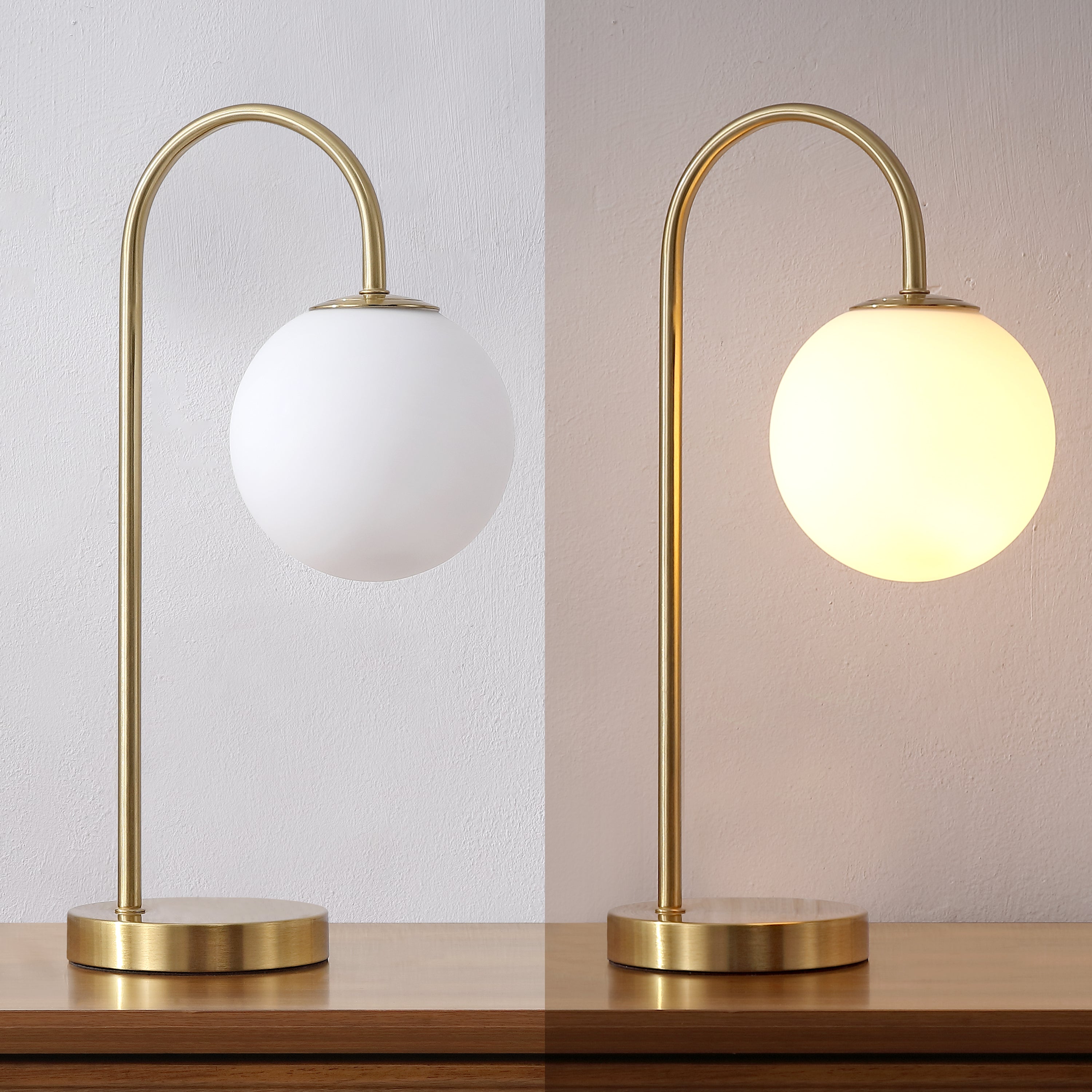 Arco Minimalist Mid-Century Arched Metal/Glass LED Table Lamp with Frosted Globe Shade
