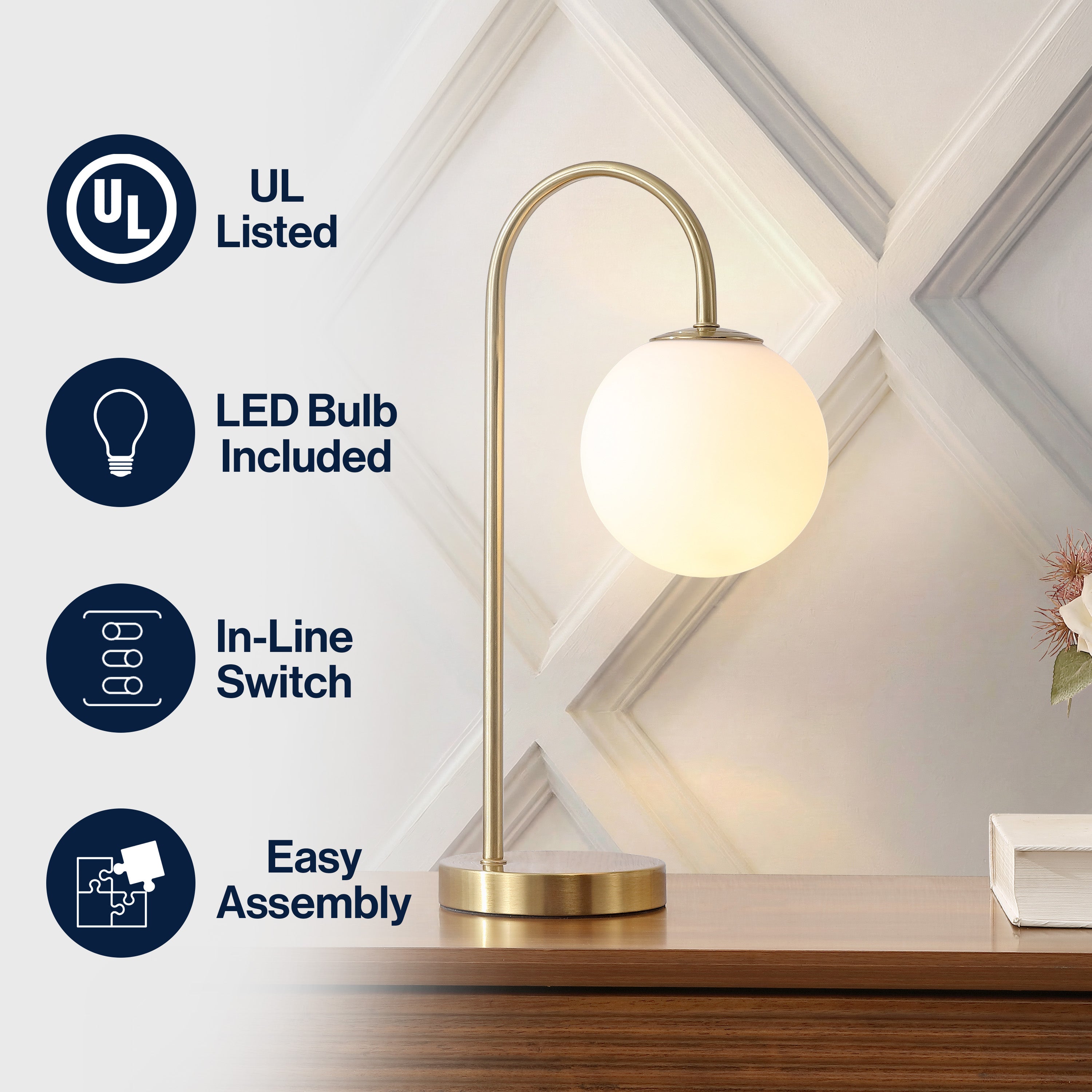 Arco Minimalist Mid-Century Arched Metal/Glass LED Table Lamp with Frosted Globe Shade