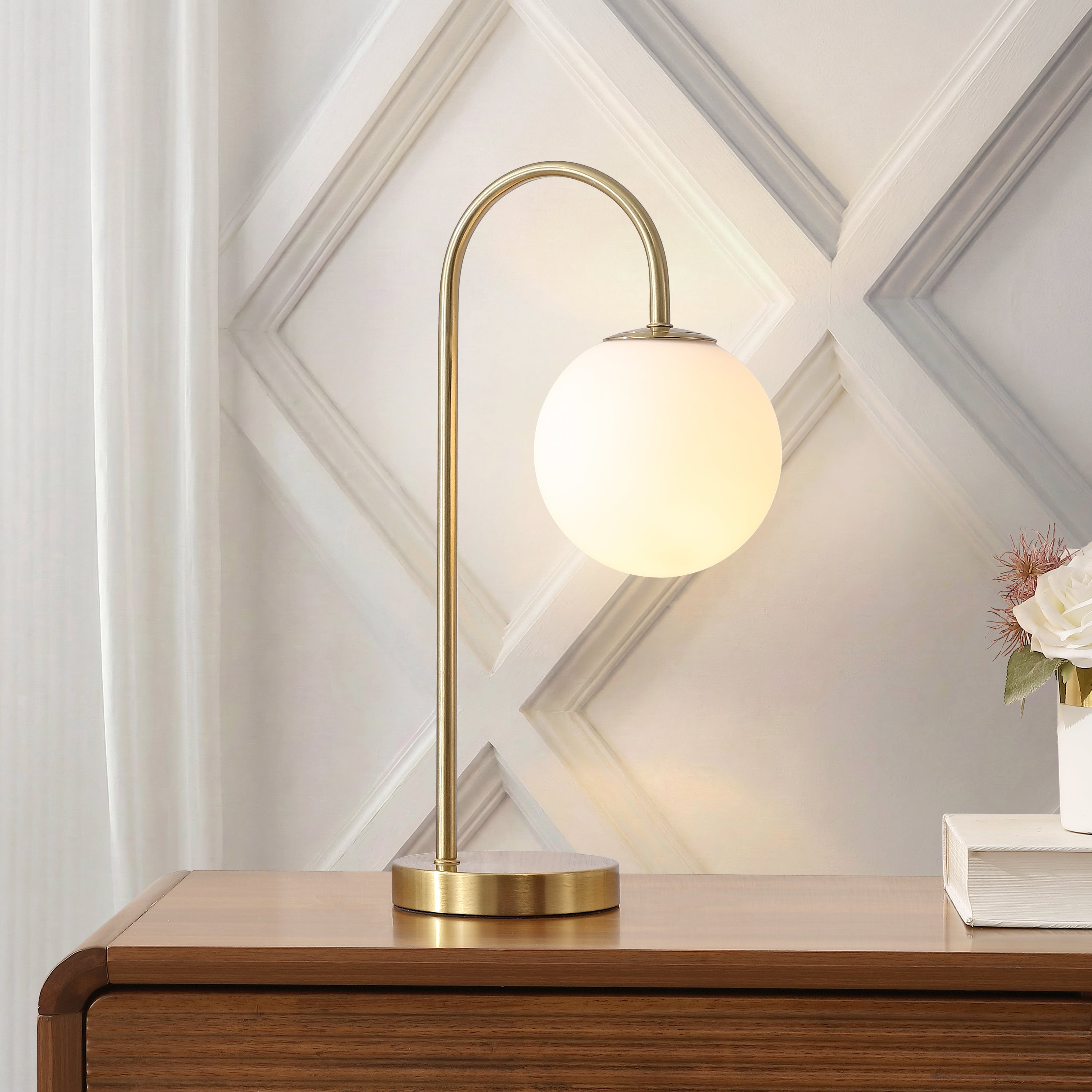 Arco Minimalist Mid-Century Arched Metal/Glass LED Table Lamp with Frosted Globe Shade