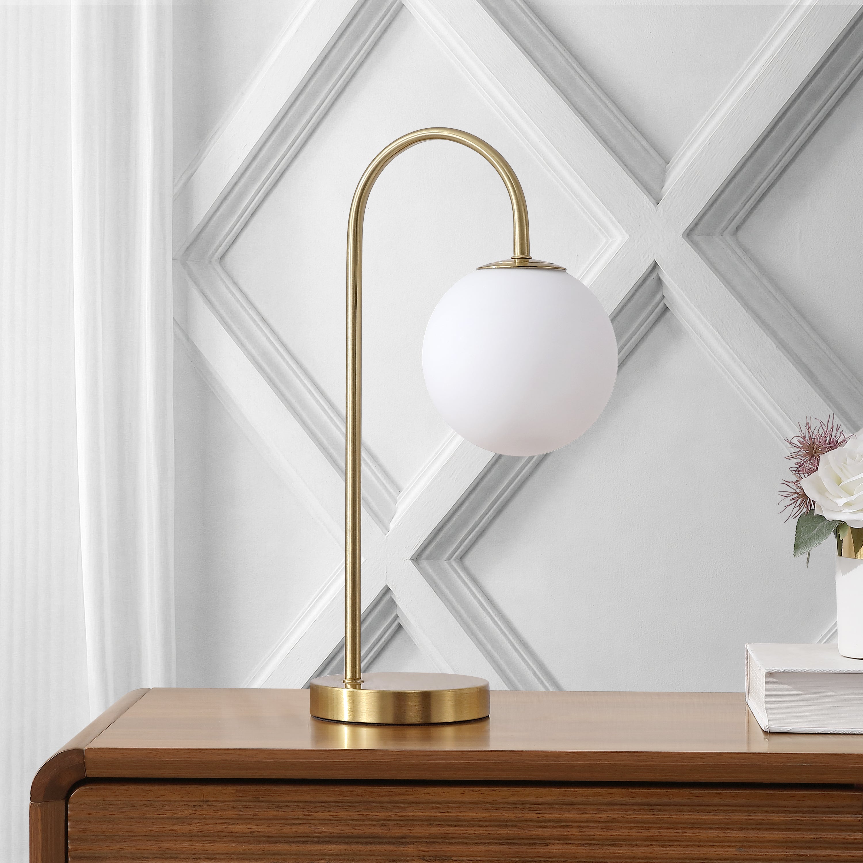 Arco Minimalist Mid-Century Arched Metal/Glass LED Table Lamp with Frosted Globe Shade