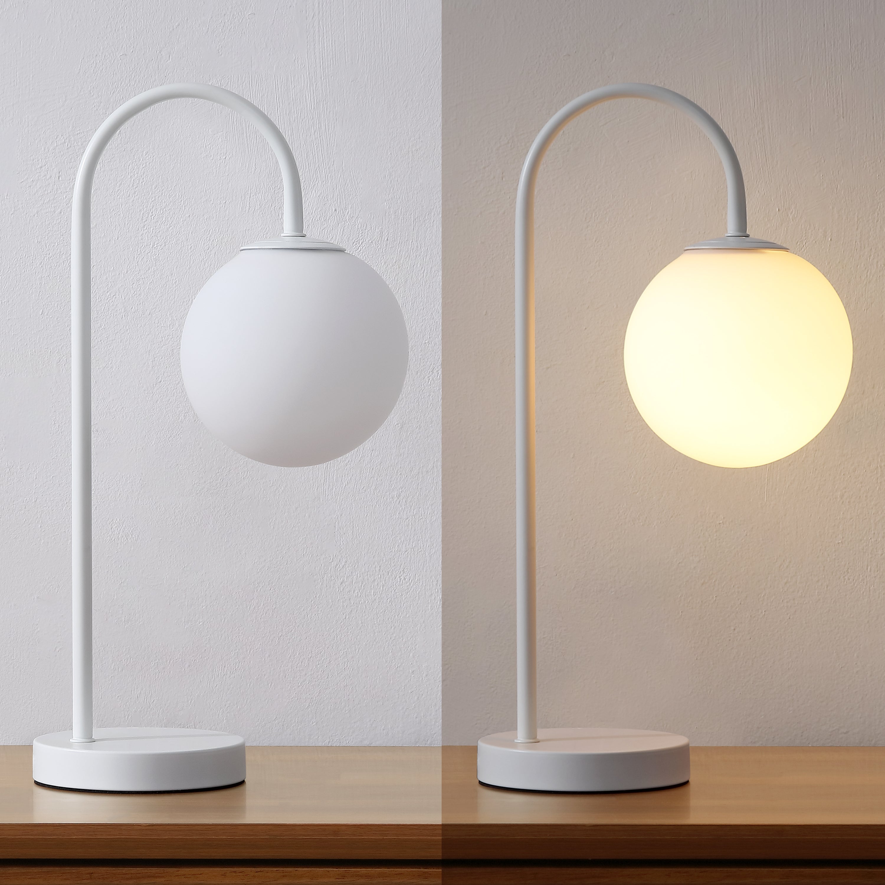 Arco Minimalist Mid-Century Arched Metal/Glass LED Table Lamp with Frosted Globe Shade