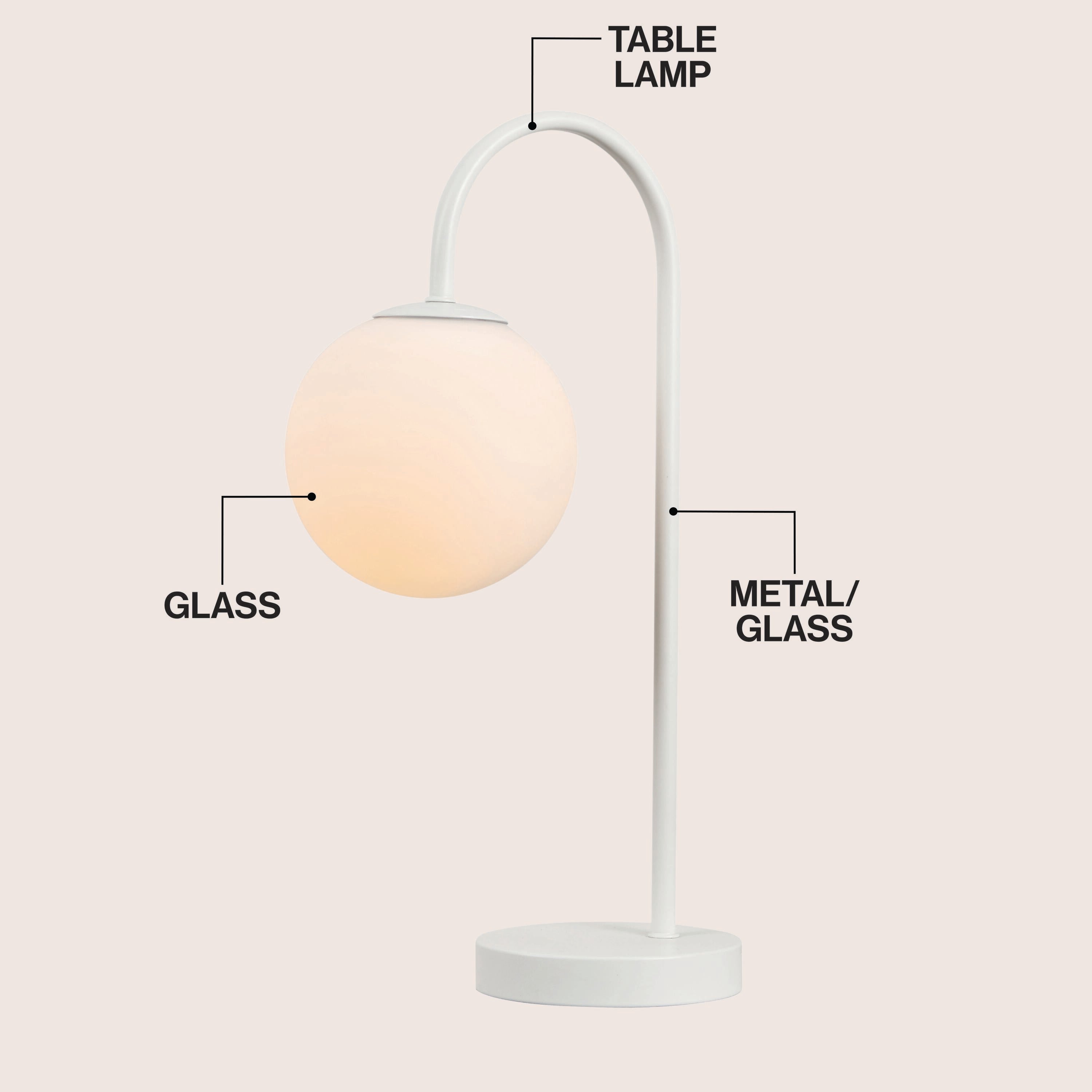 Arco Minimalist Mid-Century Arched Metal/Glass LED Table Lamp with Frosted Globe Shade