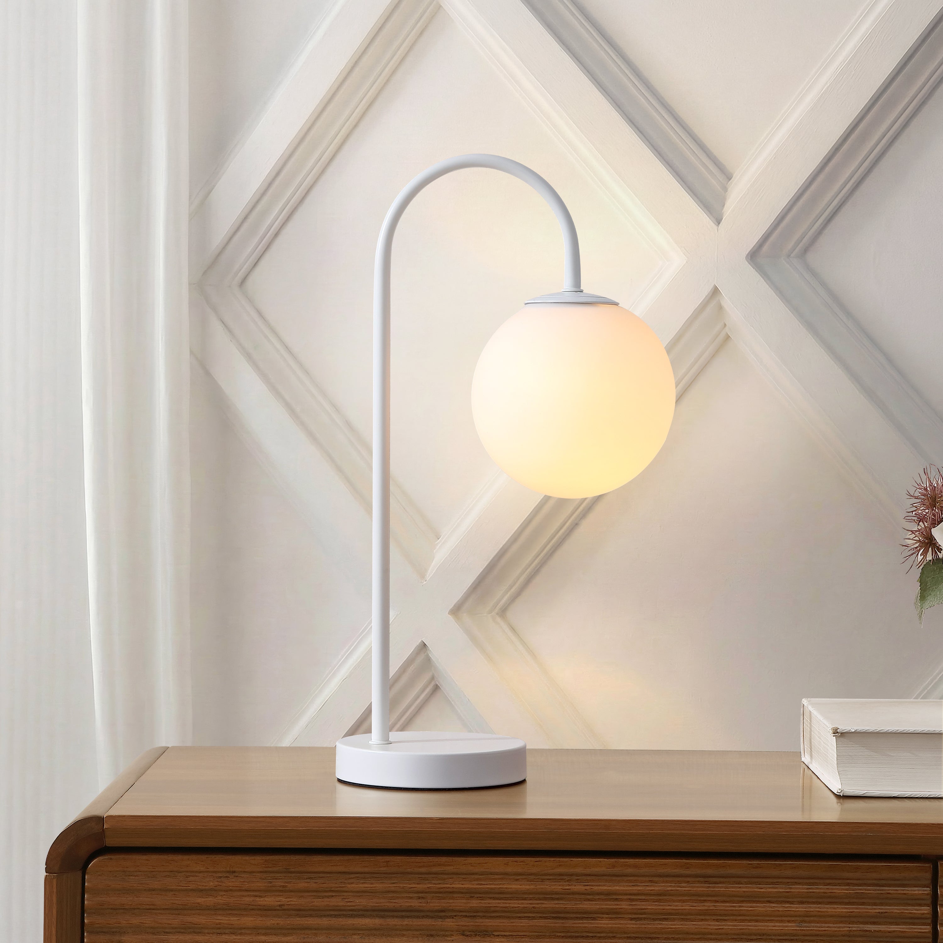 Arco Minimalist Mid-Century Arched Metal/Glass LED Table Lamp with Frosted Globe Shade