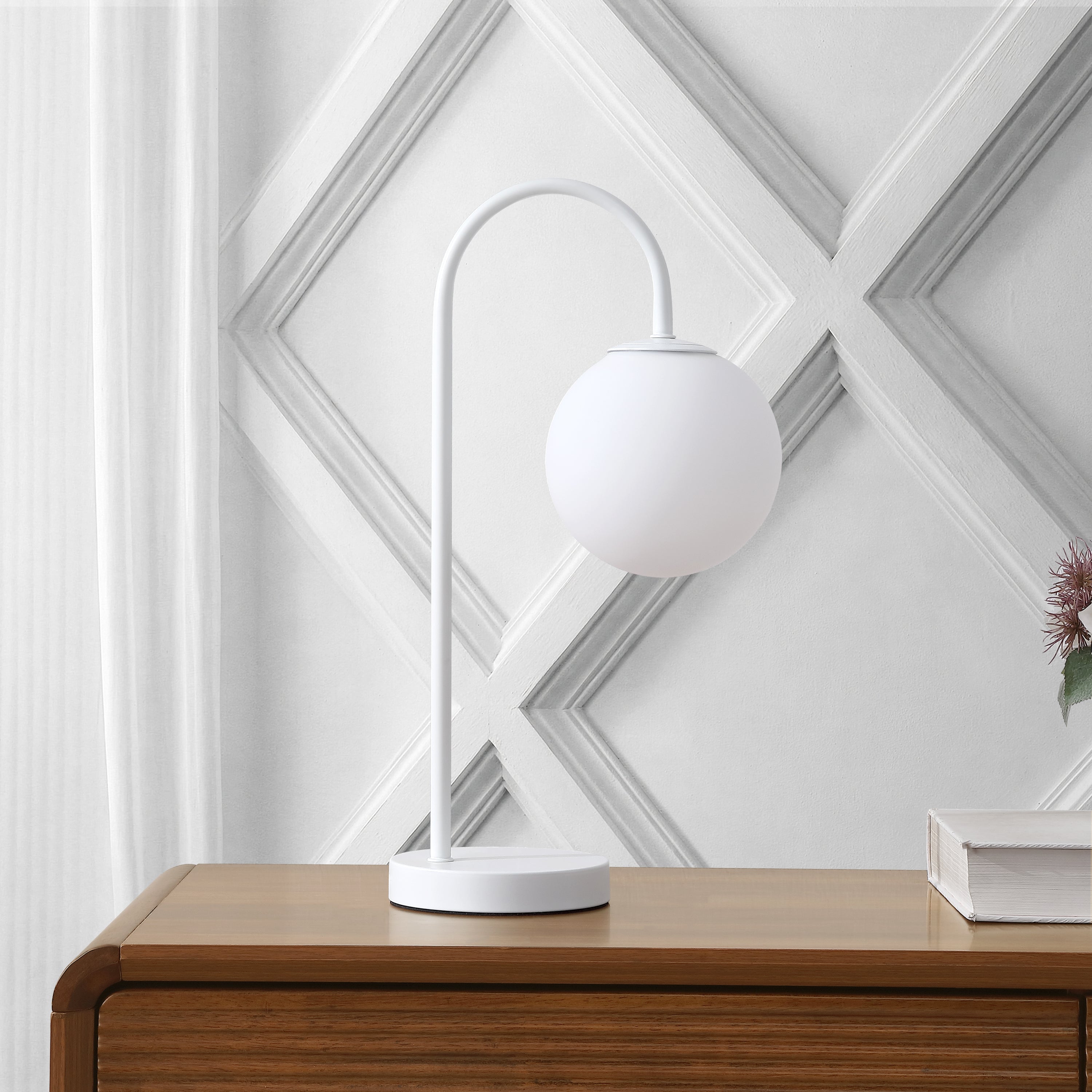 Arco Minimalist Mid-Century Arched Metal/Glass LED Table Lamp with Frosted Globe Shade