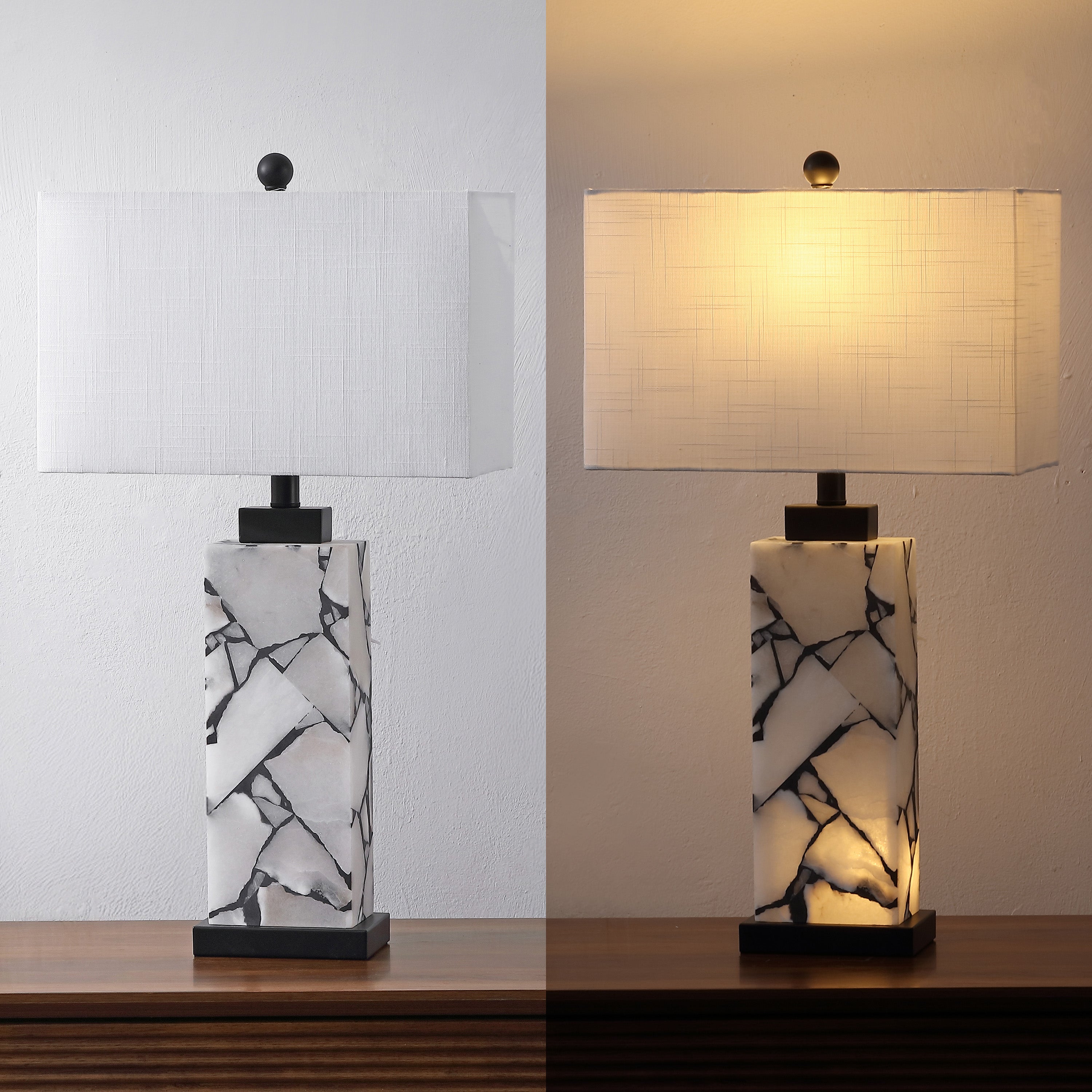 Elizabeth Contemporary Coastal Rectangular Alabaster Mosaic LED Table Lamp with Nightlight Base