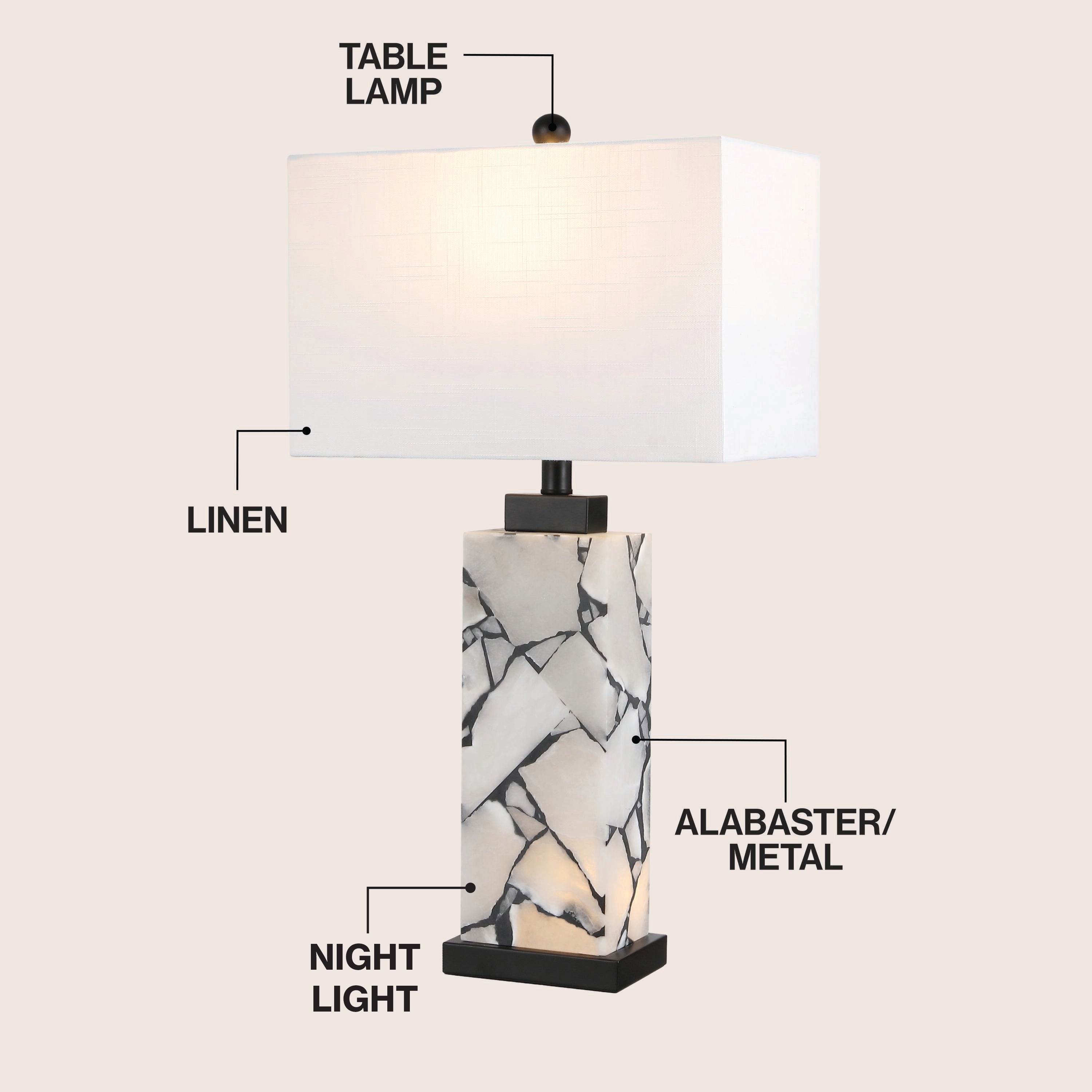 Elizabeth Contemporary Coastal Rectangular Alabaster Mosaic LED Table Lamp with Nightlight Base